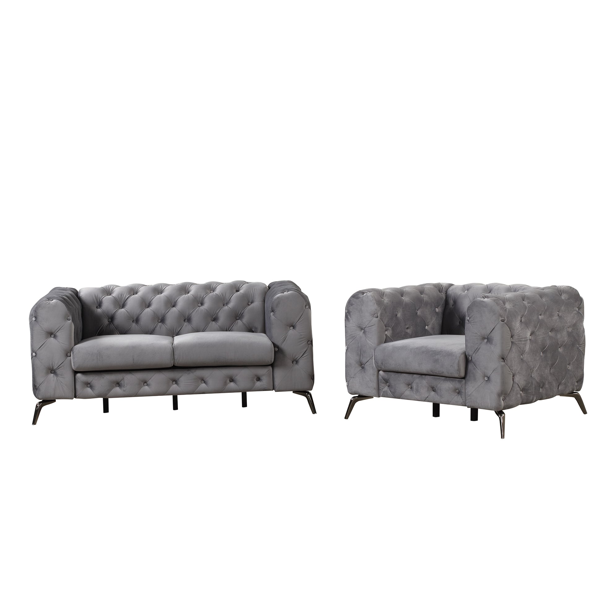 Modern 3 Piece Sofa Sets With Sturdy Metal Legs,Velvet Upholstered Couches Sets Including Three Seat Sofa, Loveseat And Single Chair For Living Room Furniture Set,Gray Gray Foam Velvet