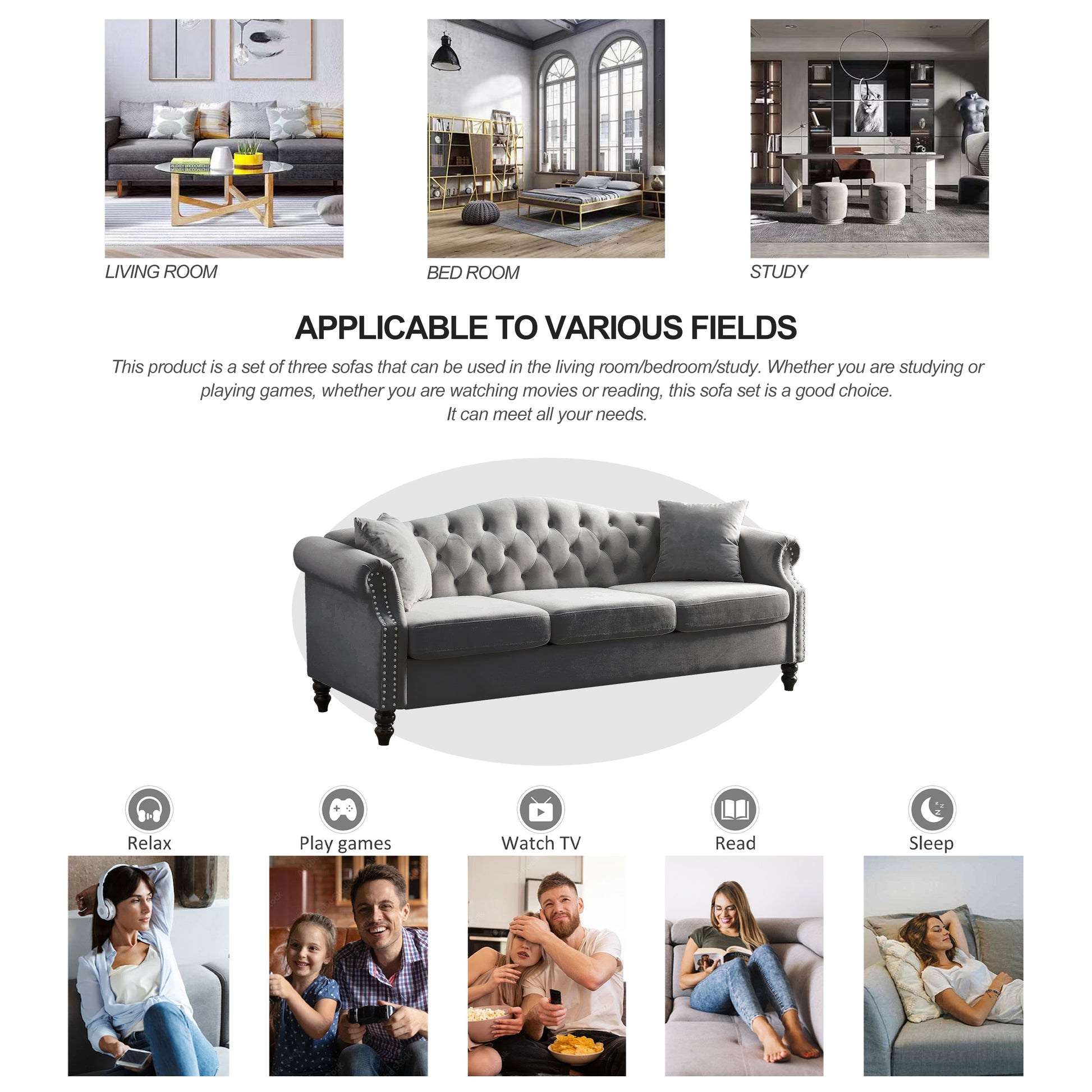 Video 79" Chesterfield Sofa Grey Velvet For Living Room, 3 Seater Sofa Tufted Couch With Rolled Arms And For Living Room, Bedroom, Office, Apartment, Two Pillowsw834S00012 Grey Foam Velvet