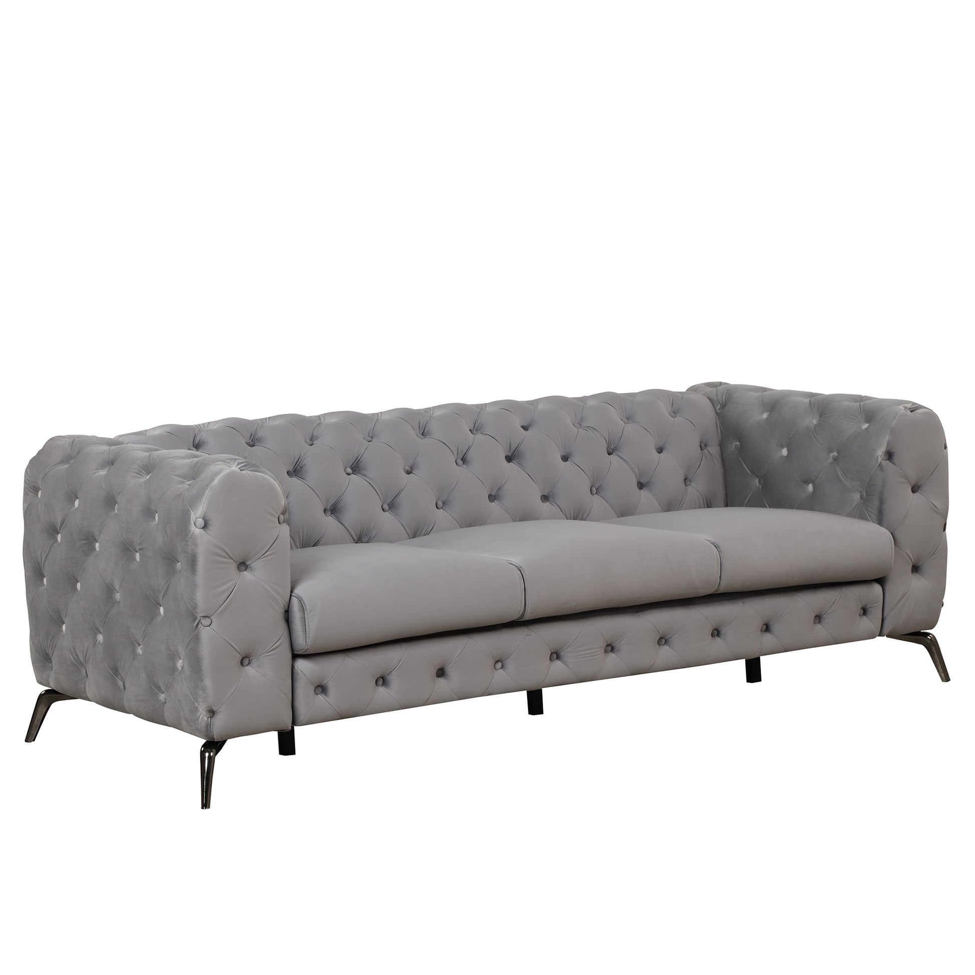 85.5" Velvet Upholstered Sofa With Sturdy Metal Legs,Modern Sofa Couch With Button Tufted Back, 3 Seater Sofa Couch For Living Room,Apartment,Home Office,Gray Gray Foam Velvet