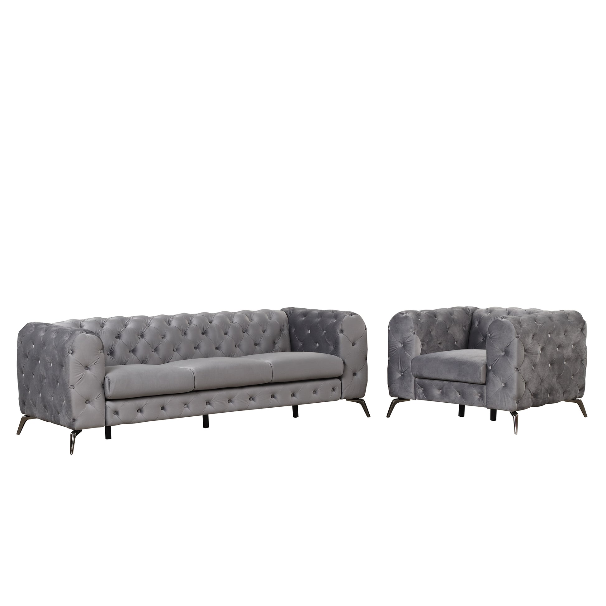 Modern 3 Piece Sofa Sets With Sturdy Metal Legs,Velvet Upholstered Couches Sets Including Three Seat Sofa, Loveseat And Single Chair For Living Room Furniture Set,Gray Gray Foam Velvet