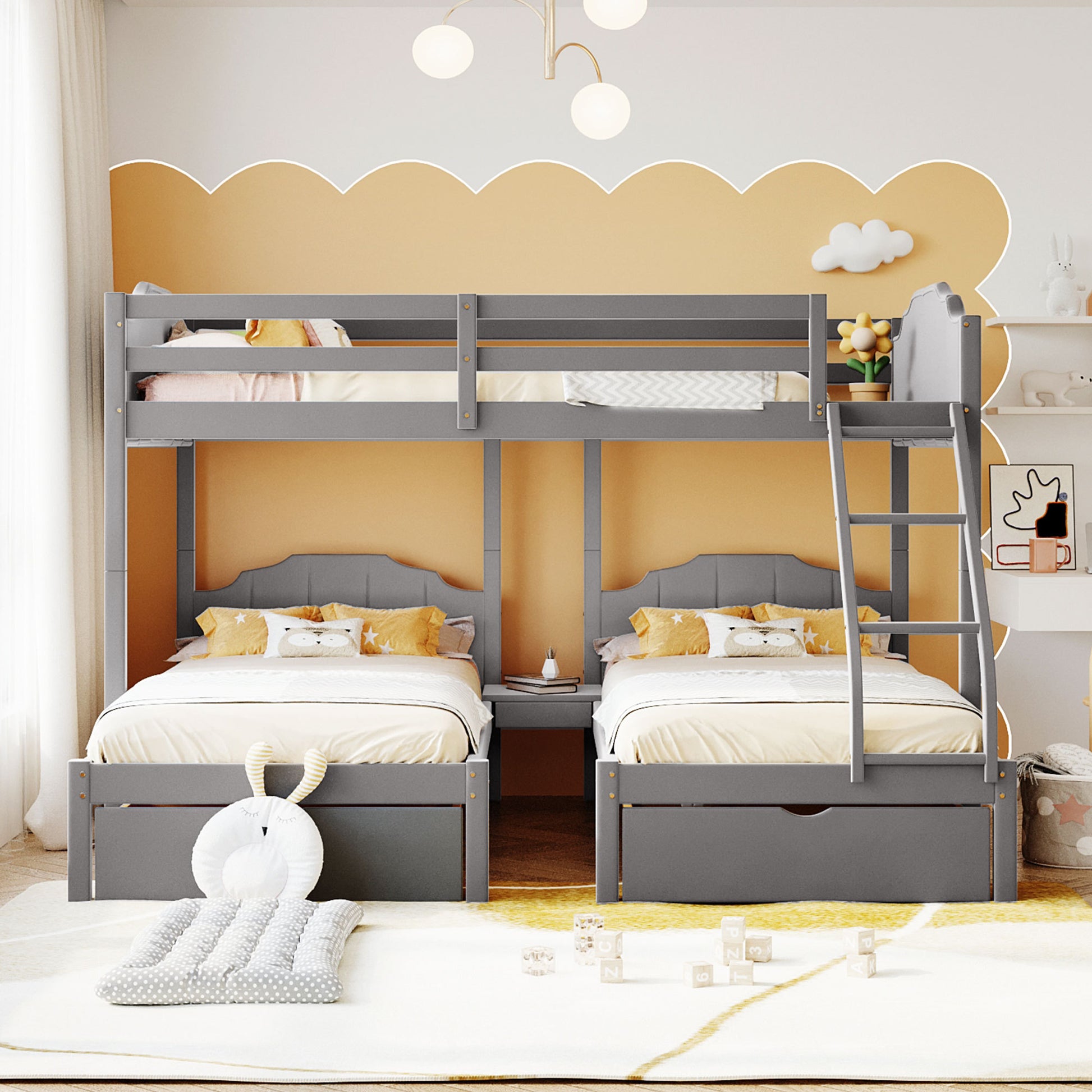 Full Over Twin & Twin Bunk Bed, Velvet Triple Bunk Bed With Drawers And Guardrails, Gray Gray Velvet