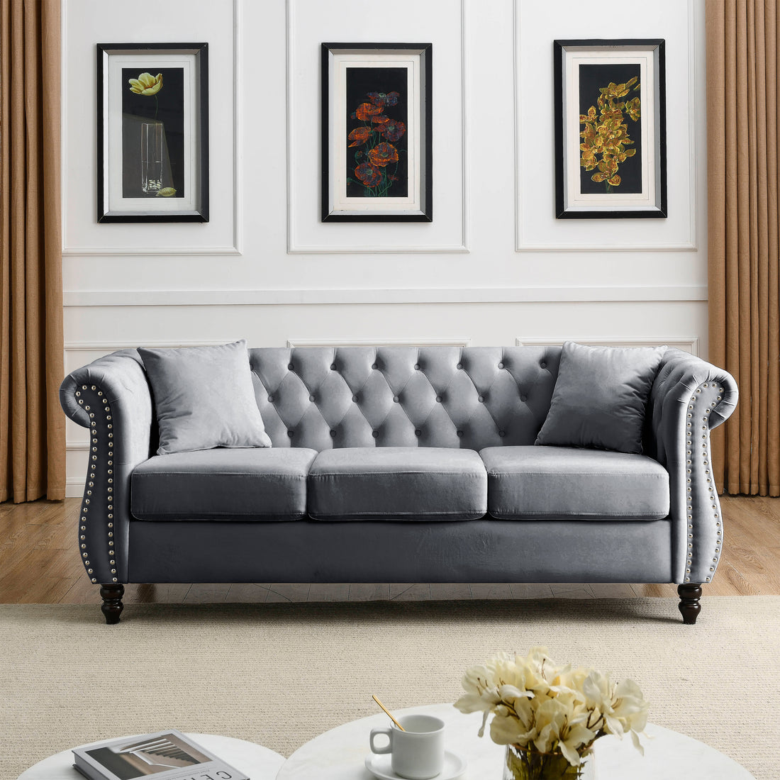 Video 80" Chesterfield Sofa Grey Velvet For Living Room, 3 Seater Sofa Tufted Couch With Rolled Arms And For Living Room, Bedroom, Office, Apartment, Two Pillowsw834S00009 Grey Foam Velvet
