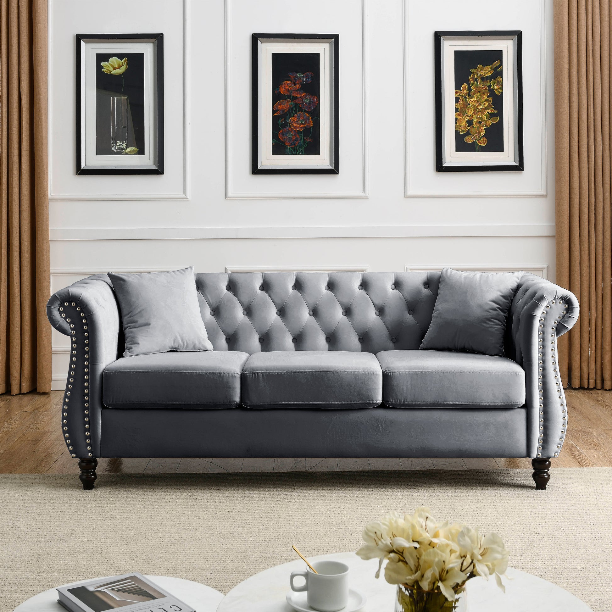 Video 80" Chesterfield Sofa Grey Velvet For Living Room, 3 Seater Sofa Tufted Couch With Rolled Arms And For Living Room, Bedroom, Office, Apartment, Two Pillowsw834S00009 Grey Foam Velvet