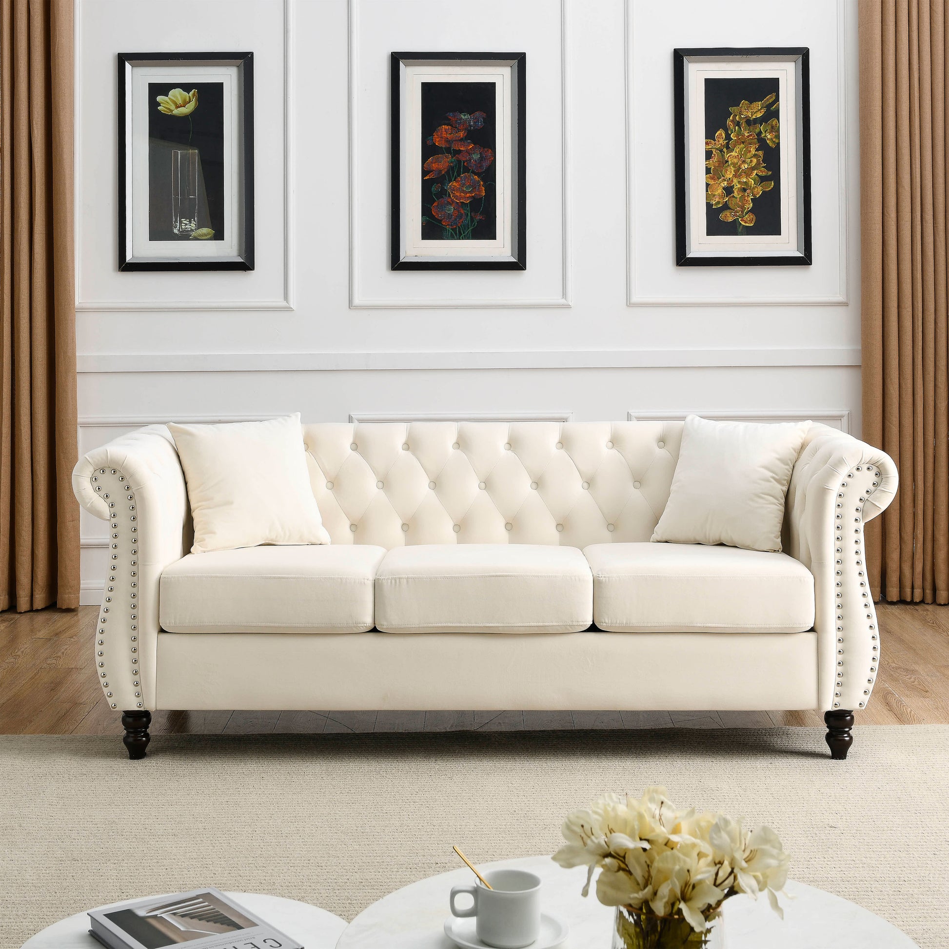 Video 80" Chesterfield Sofa Beige Velvet For Living Room, 3 Seater Sofa Tufted Couch With Rolled Arms And For Living Room, Bedroom, Office, Apartment, Two Pillowsw834S00008 Beige Foam Velvet