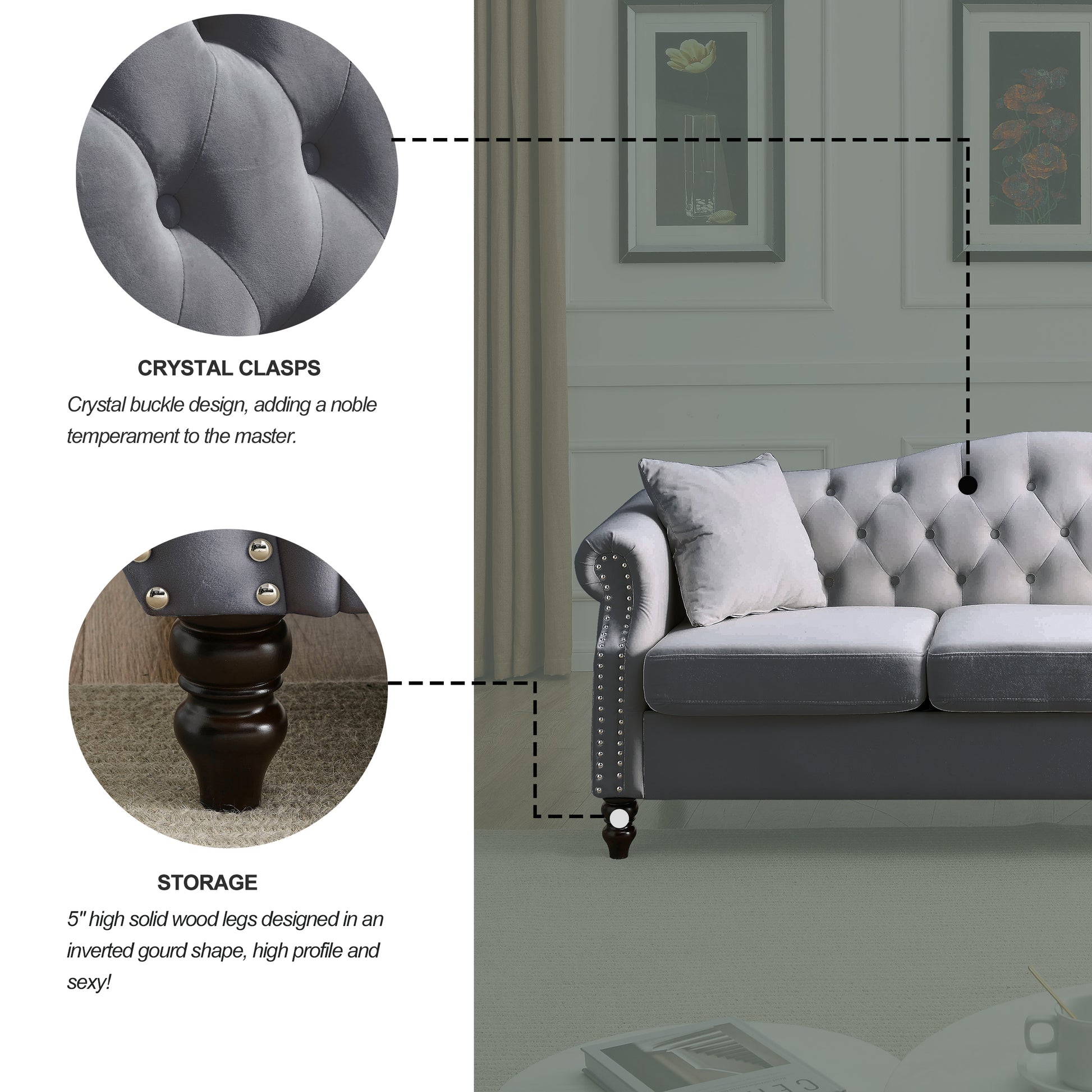 Video 79" Chesterfield Sofa Grey Velvet For Living Room, 3 Seater Sofa Tufted Couch With Rolled Arms And For Living Room, Bedroom, Office, Apartment, Two Pillowsw834S00012 Grey Foam Velvet