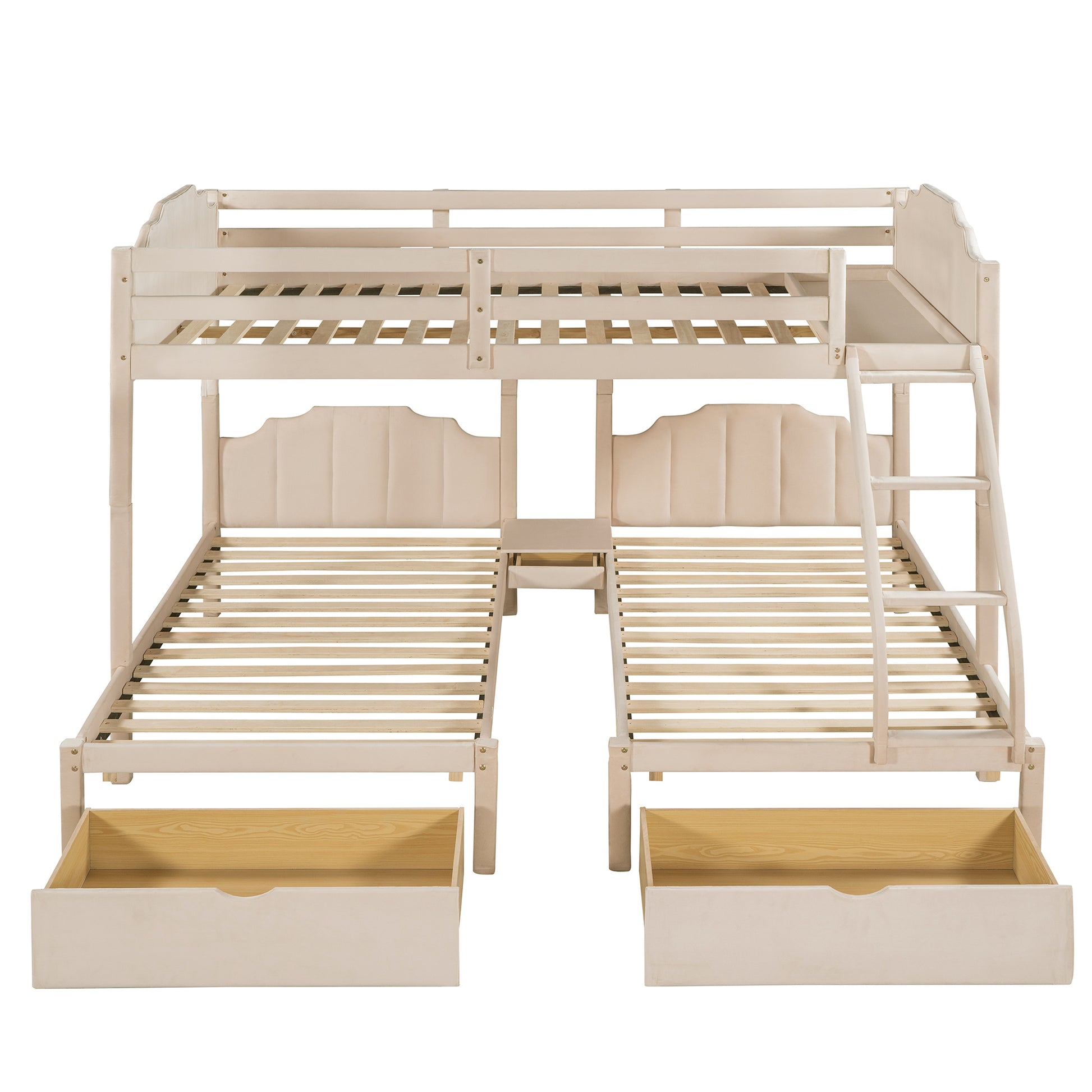 Full Over Twin & Twin Bunk Bed, Velvet Triple Bunk Bed With Drawers And Guardrails, Beige Beige Velvet