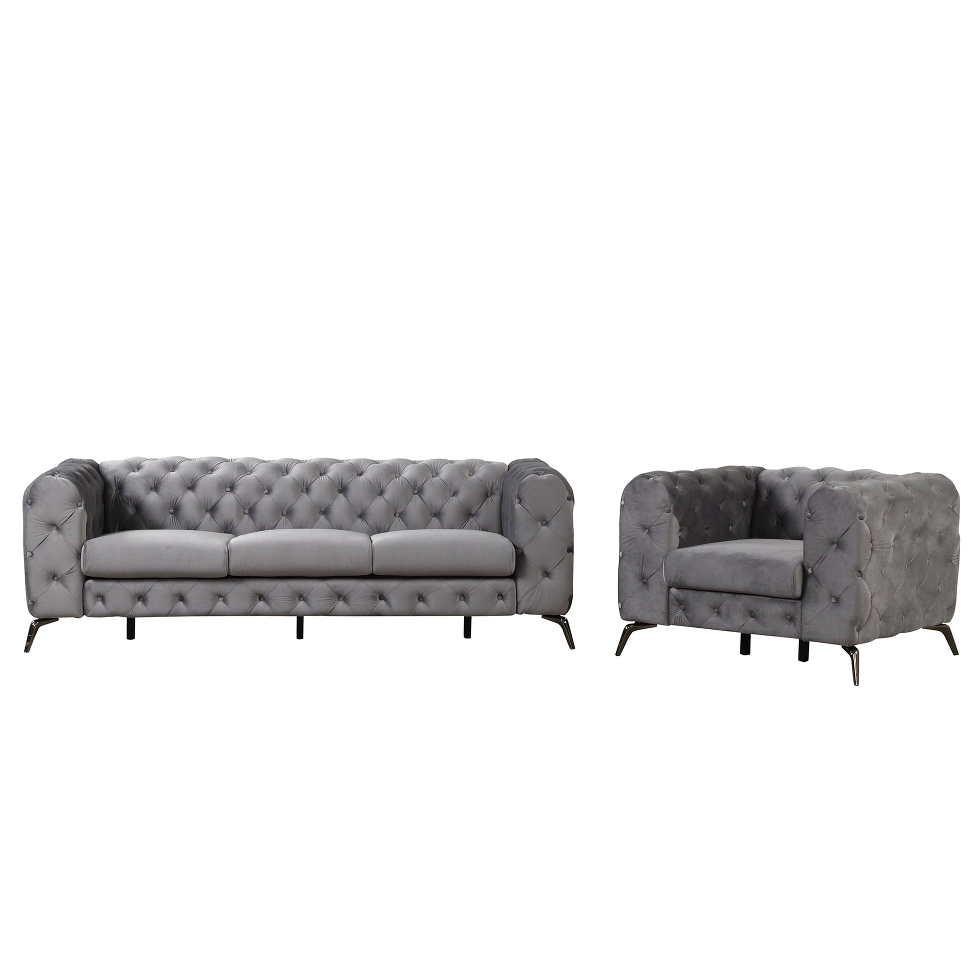 Modern 3 Piece Sofa Sets With Sturdy Metal Legs,Velvet Upholstered Couches Sets Including Three Seat Sofa, Loveseat And Single Chair For Living Room Furniture Set,Gray Gray Foam Velvet