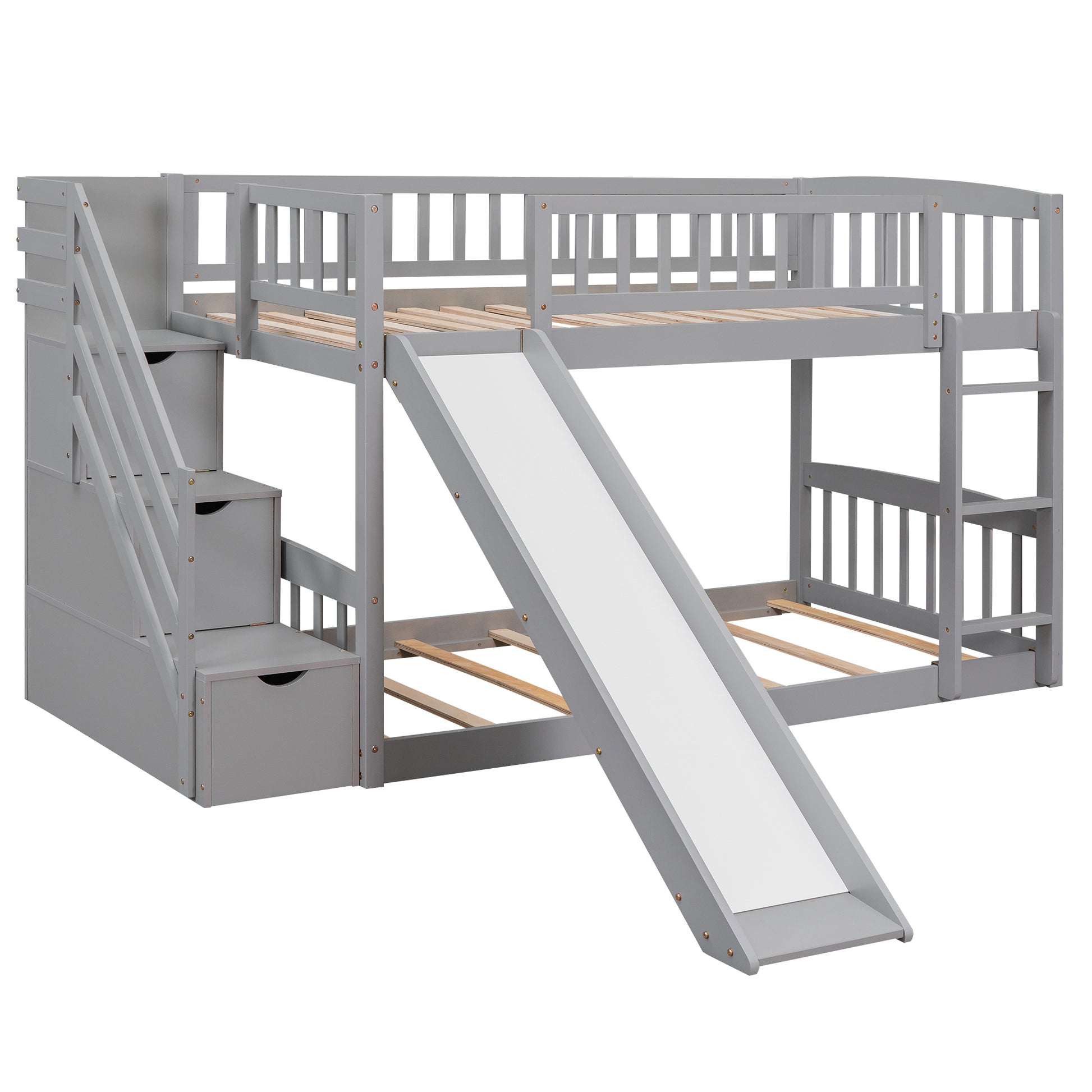 Stairway Twin Over Twin Bunk Bed With Two Drawers And Slide, Gray Old Sku :Lt000155Aae Gray Solid Wood