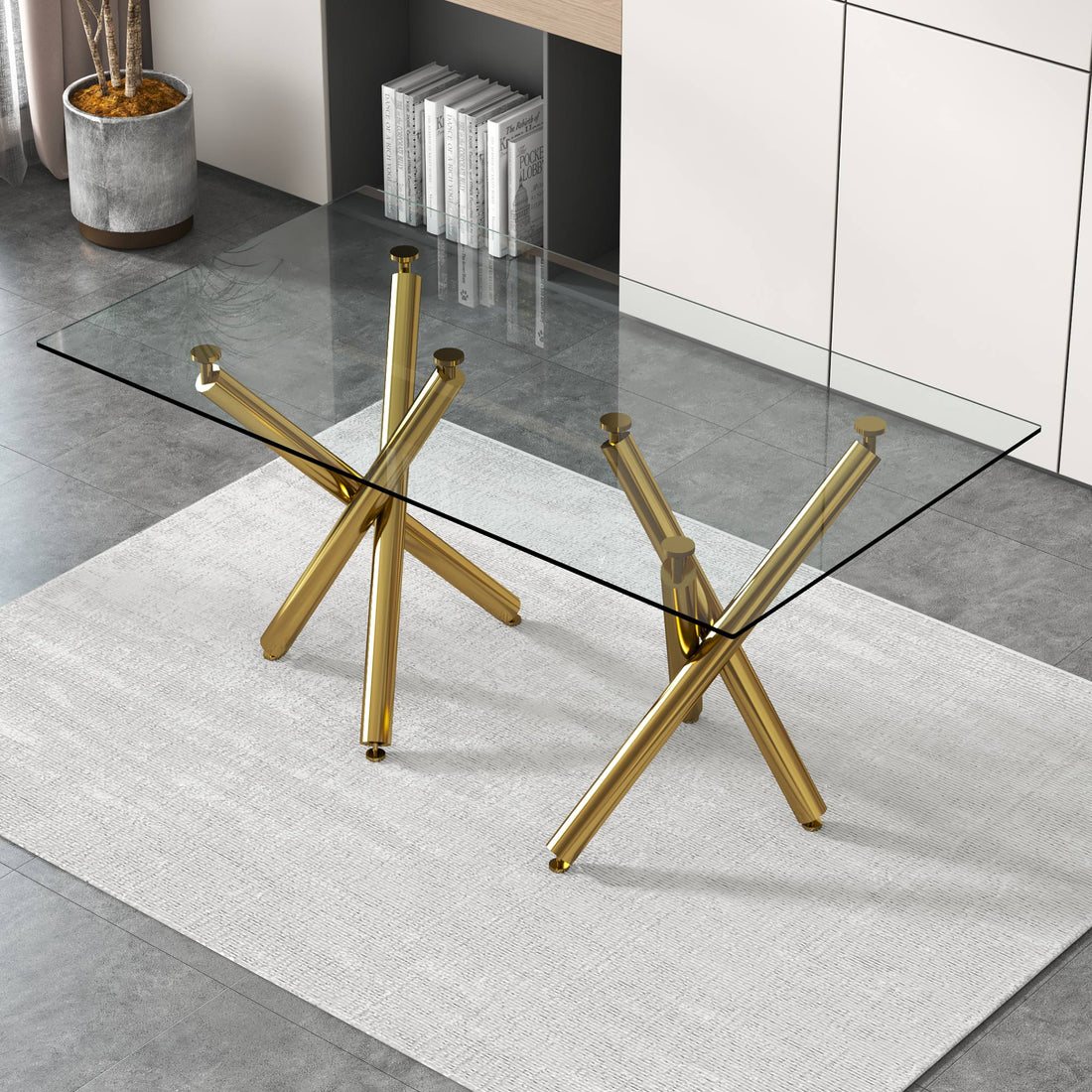 Large Modern Minimalist Rectangular Glass Dining Table For 6 8 With 0.39"Tempered Glass Tabletop And Golden Metal Legs,Kitchen Dining Living Meeting Room Banquet Hall, 71" X 35.4" X 30" 1538 Golden