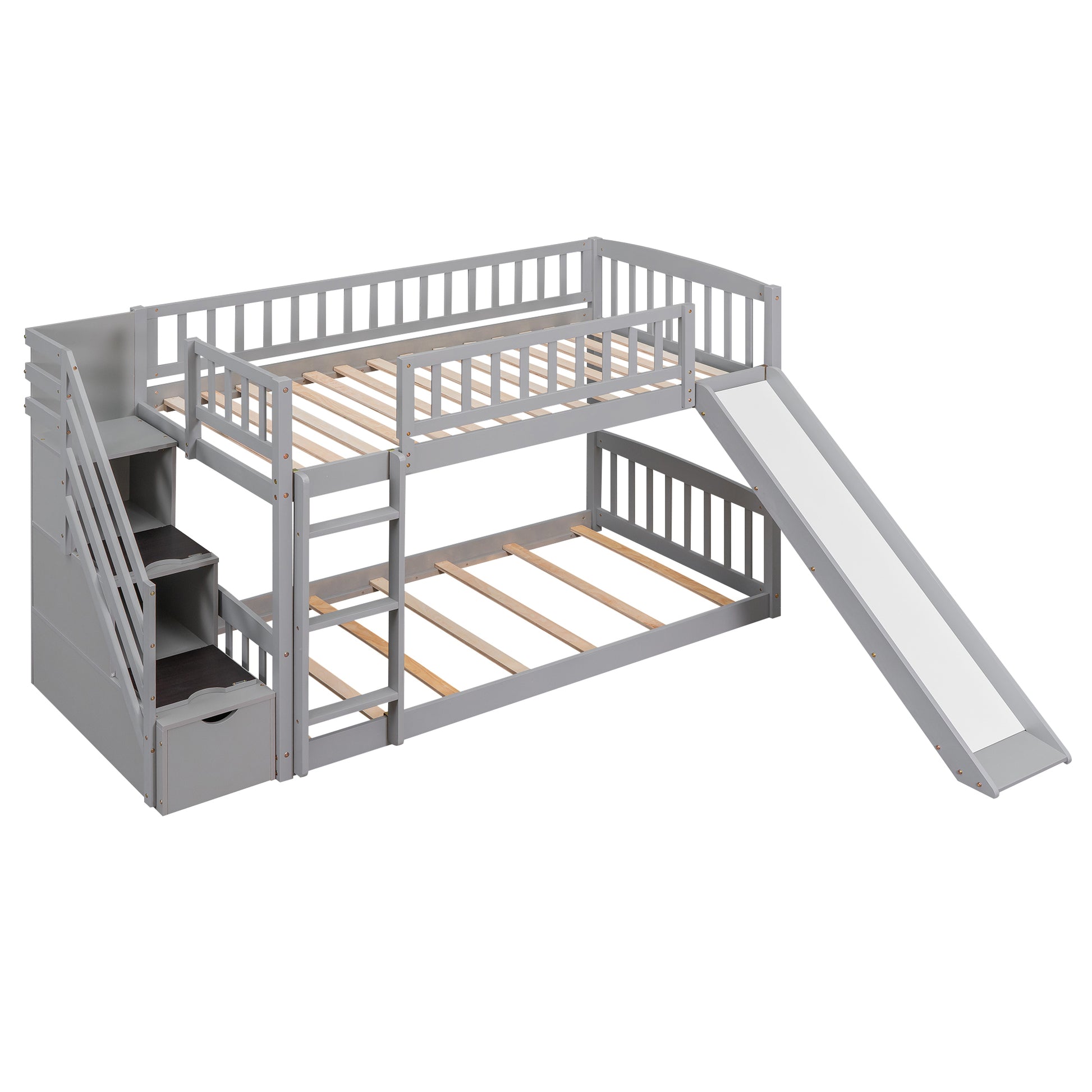 Stairway Twin Over Twin Bunk Bed With Two Drawers And Slide, Gray Old Sku :Lt000155Aae Gray Solid Wood