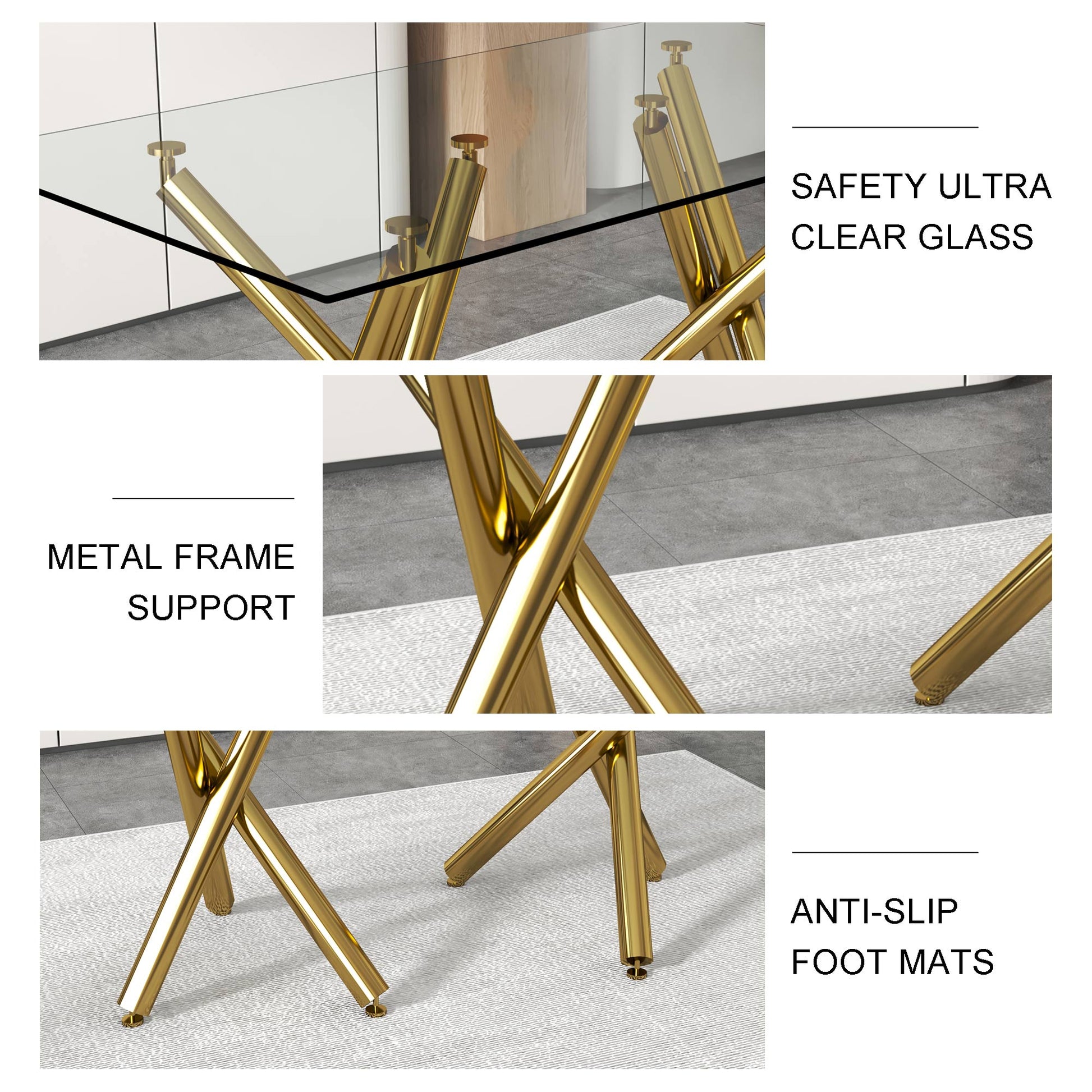 Large Modern Minimalist Rectangular Glass Dining Table For 6 8 With 0.39"Tempered Glass Tabletop And Golden Metal Legs,Kitchen Dining Living Meeting Room Banquet Hall, 71" X 35.4" X 30" 1538 Golden