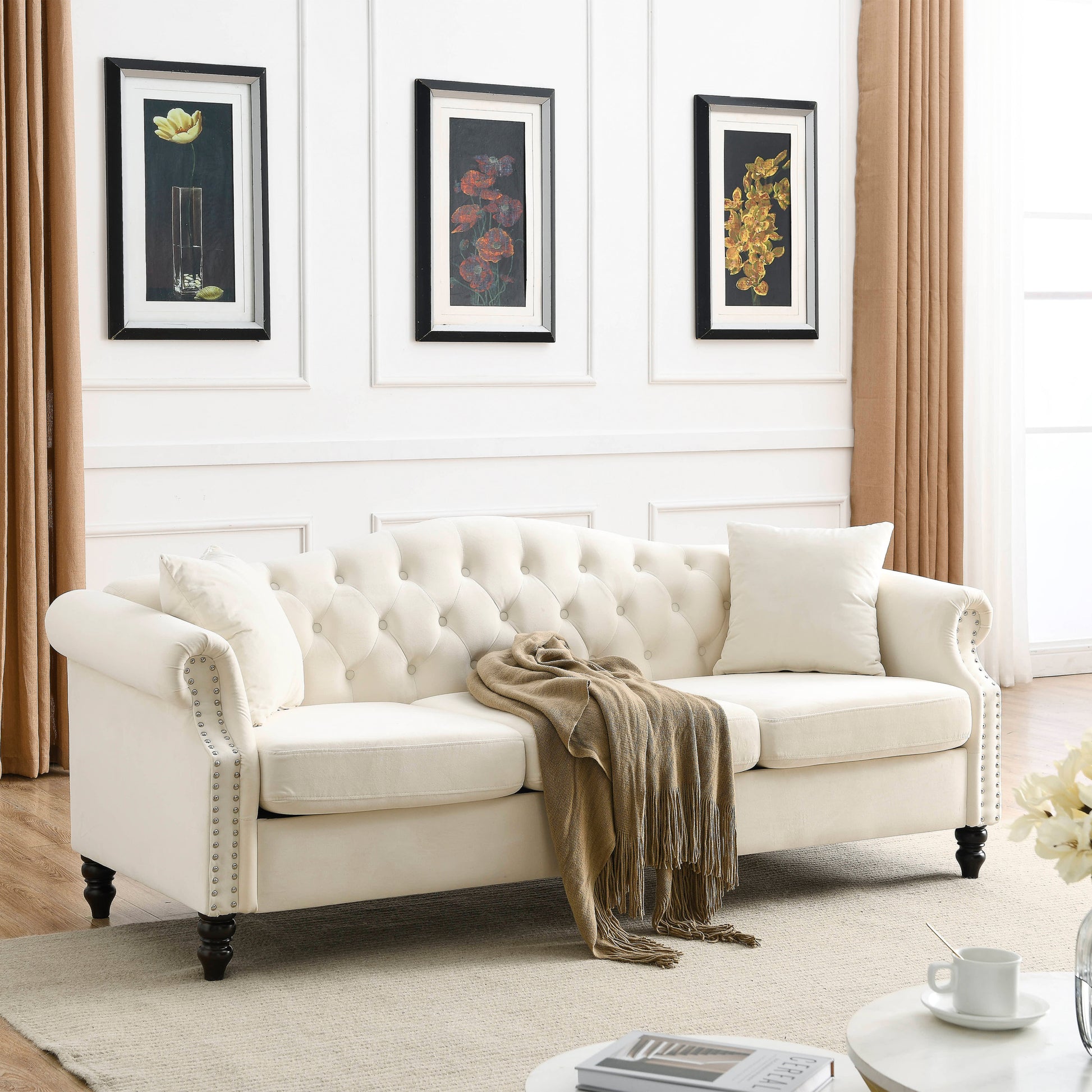 Video 79" Chesterfield Sofa Beige Velvet For Living Room, 3 Seater Sofa Tufted Couch With Rolled Arms And For Living Room, Bedroom, Office, Apartment, Two Pillows Beige Foam Velvet