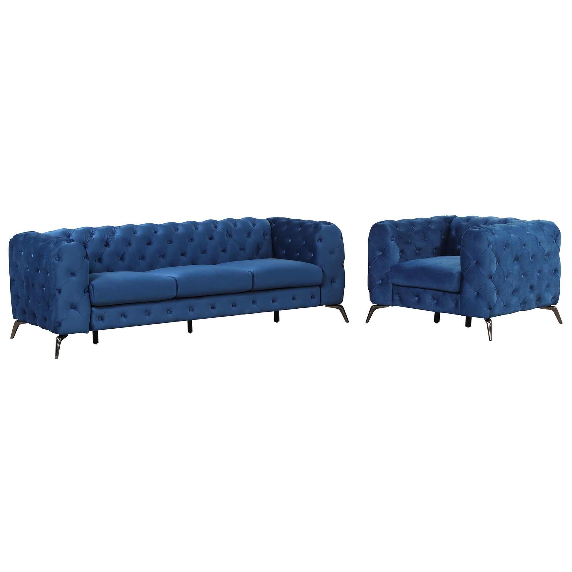 Modern 3 Piece Sofa Sets With Sturdy Metal Legs,Velvet Upholstered Couches Sets Including Three Seat Sofa, Loveseat And Single Chair For Living Room Furniture Set,Blue Blue Foam Velvet 6 Seat