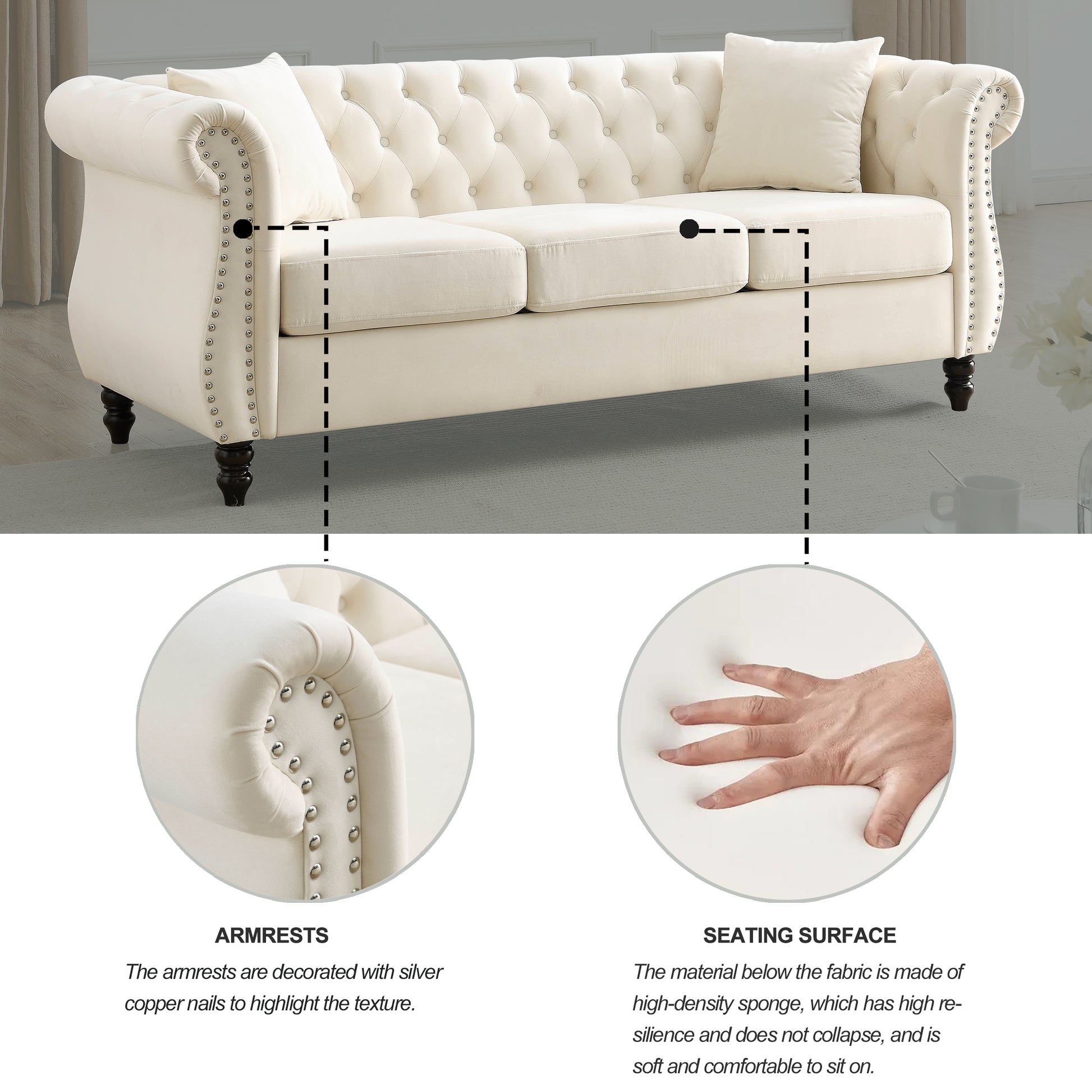 Video 80" Chesterfield Sofa Beige Velvet For Living Room, 3 Seater Sofa Tufted Couch With Rolled Arms And For Living Room, Bedroom, Office, Apartment, Two Pillowsw834S00008 Beige Foam Velvet