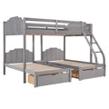 Full Over Twin & Twin Bunk Bed, Velvet Triple Bunk Bed With Drawers And Guardrails, Gray Gray Velvet