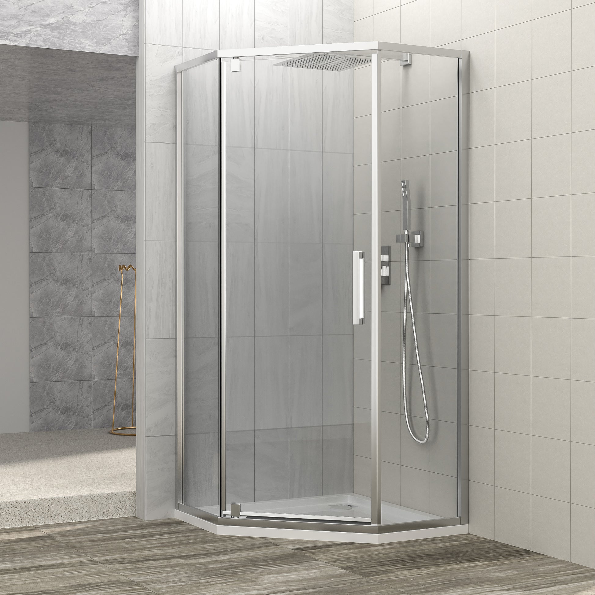 Shower Door 34 1 8" X 72" Semi Frameless Neo Angle Hinged Shower Enclosure, Chrome Chrome Glass