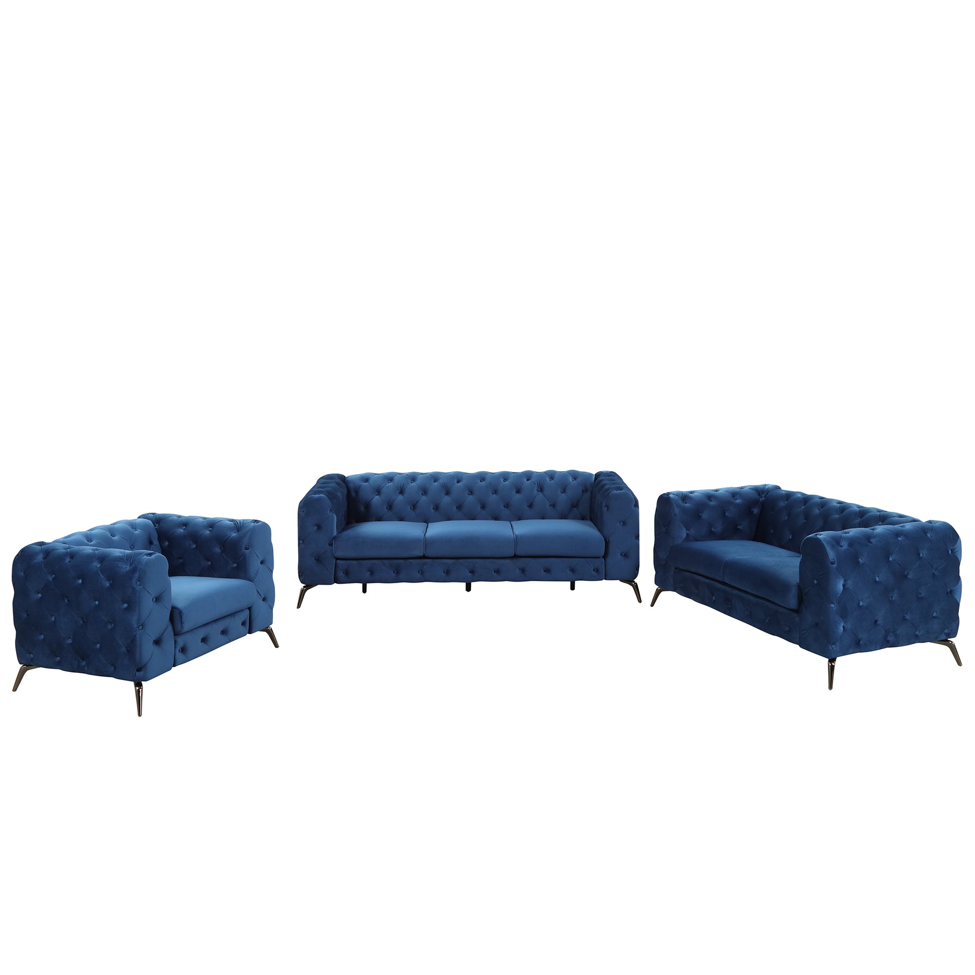 Modern 3 Piece Sofa Sets With Sturdy Metal Legs,Velvet Upholstered Couches Sets Including Three Seat Sofa, Loveseat And Single Chair For Living Room Furniture Set,Blue Blue Foam Velvet 6 Seat