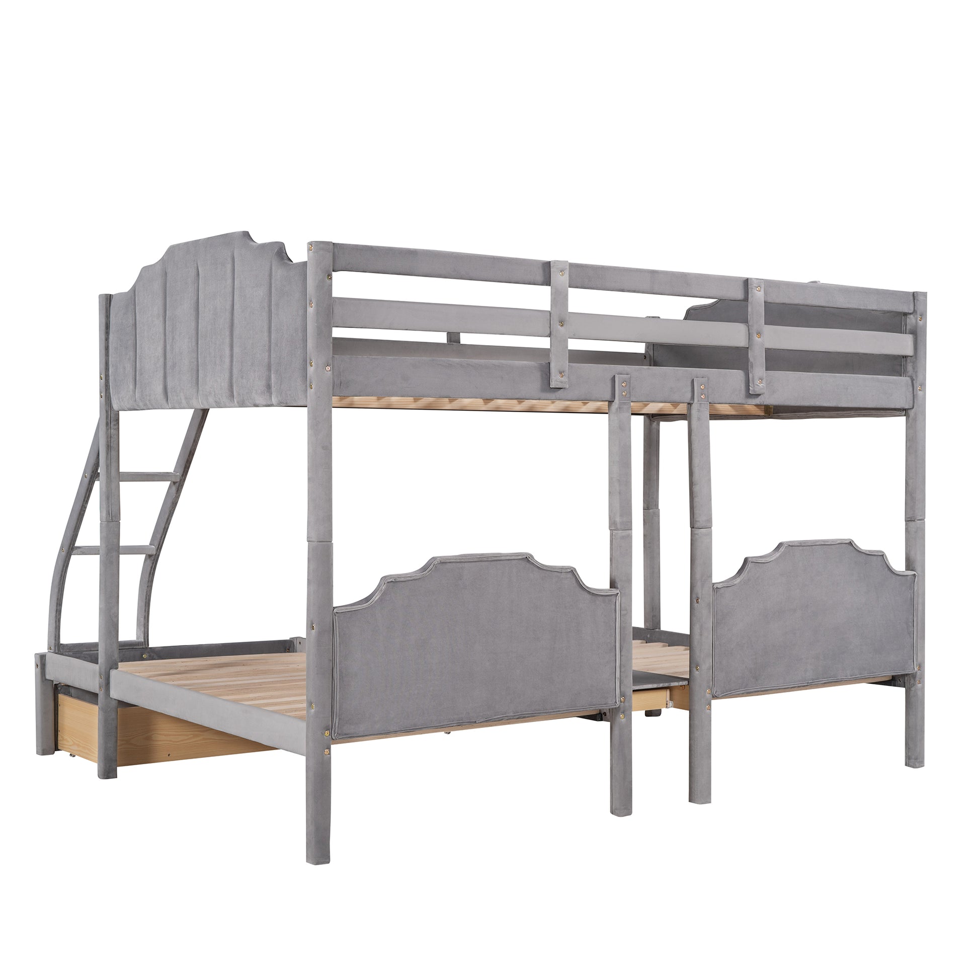 Full Over Twin & Twin Bunk Bed, Velvet Triple Bunk Bed With Drawers And Guardrails, Gray Gray Velvet