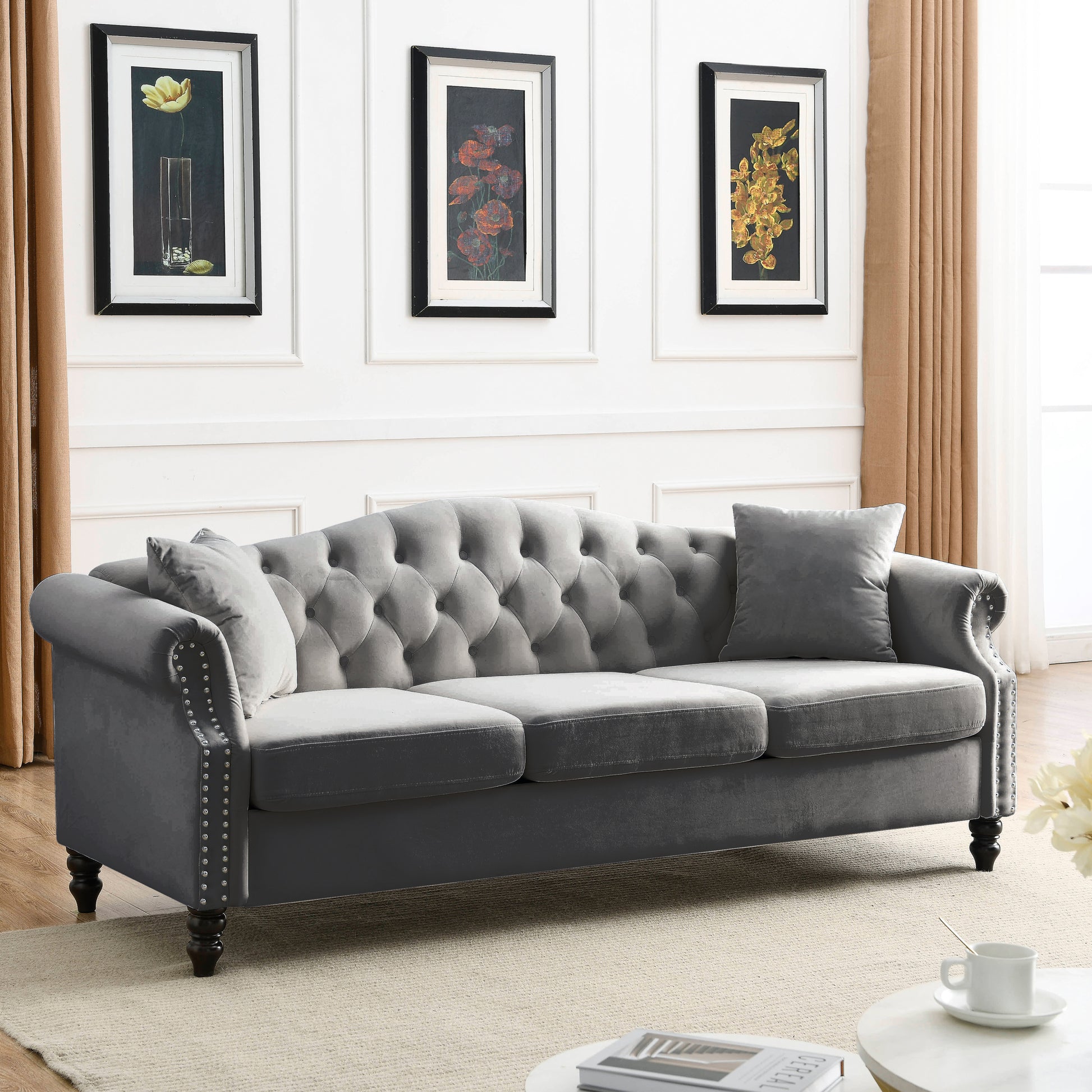 Video 79" Chesterfield Sofa Grey Velvet For Living Room, 3 Seater Sofa Tufted Couch With Rolled Arms And For Living Room, Bedroom, Office, Apartment, Two Pillowsw834S00012 Grey Foam Velvet