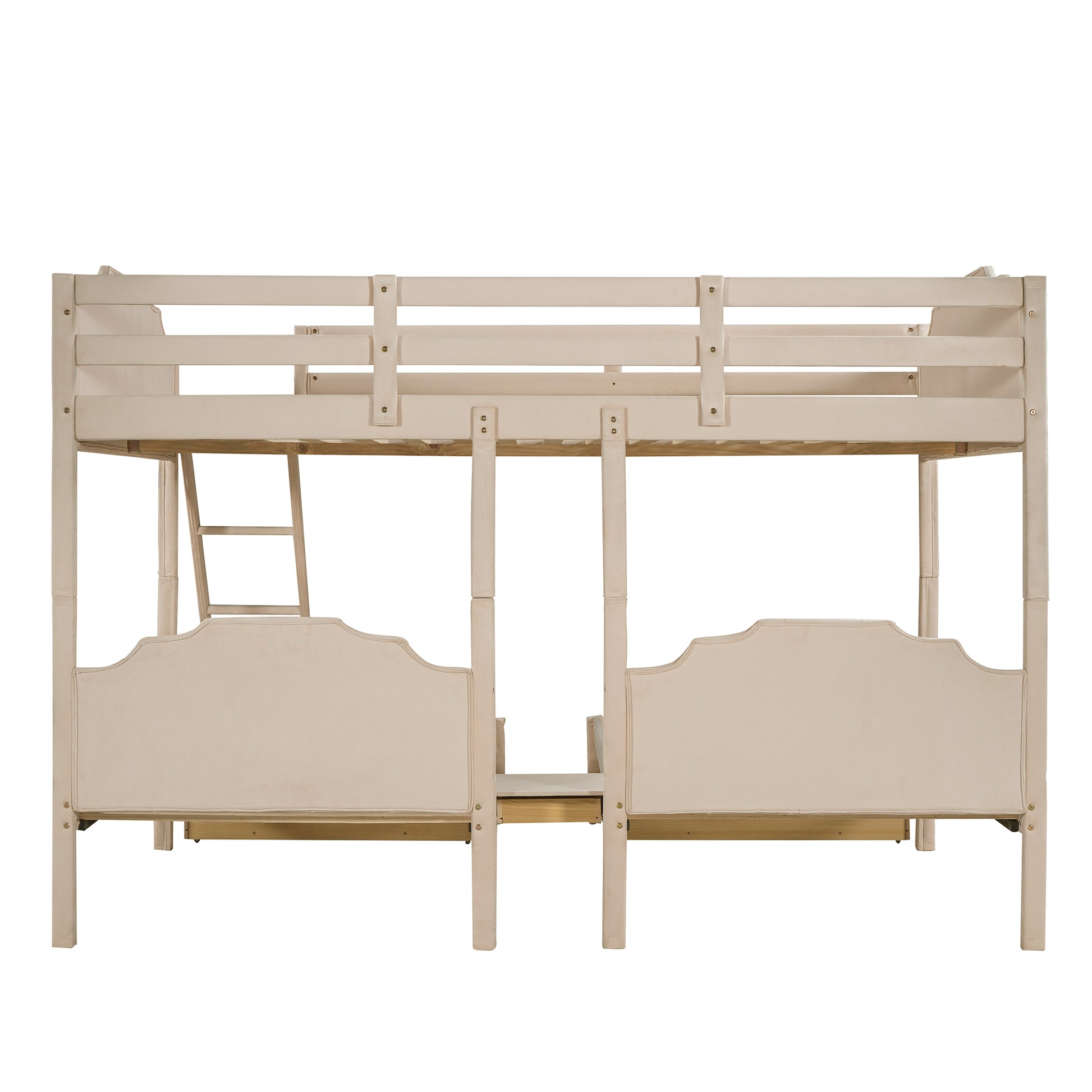 Full Over Twin & Twin Bunk Bed, Velvet Triple Bunk Bed With Drawers And Guardrails, Beige Beige Velvet