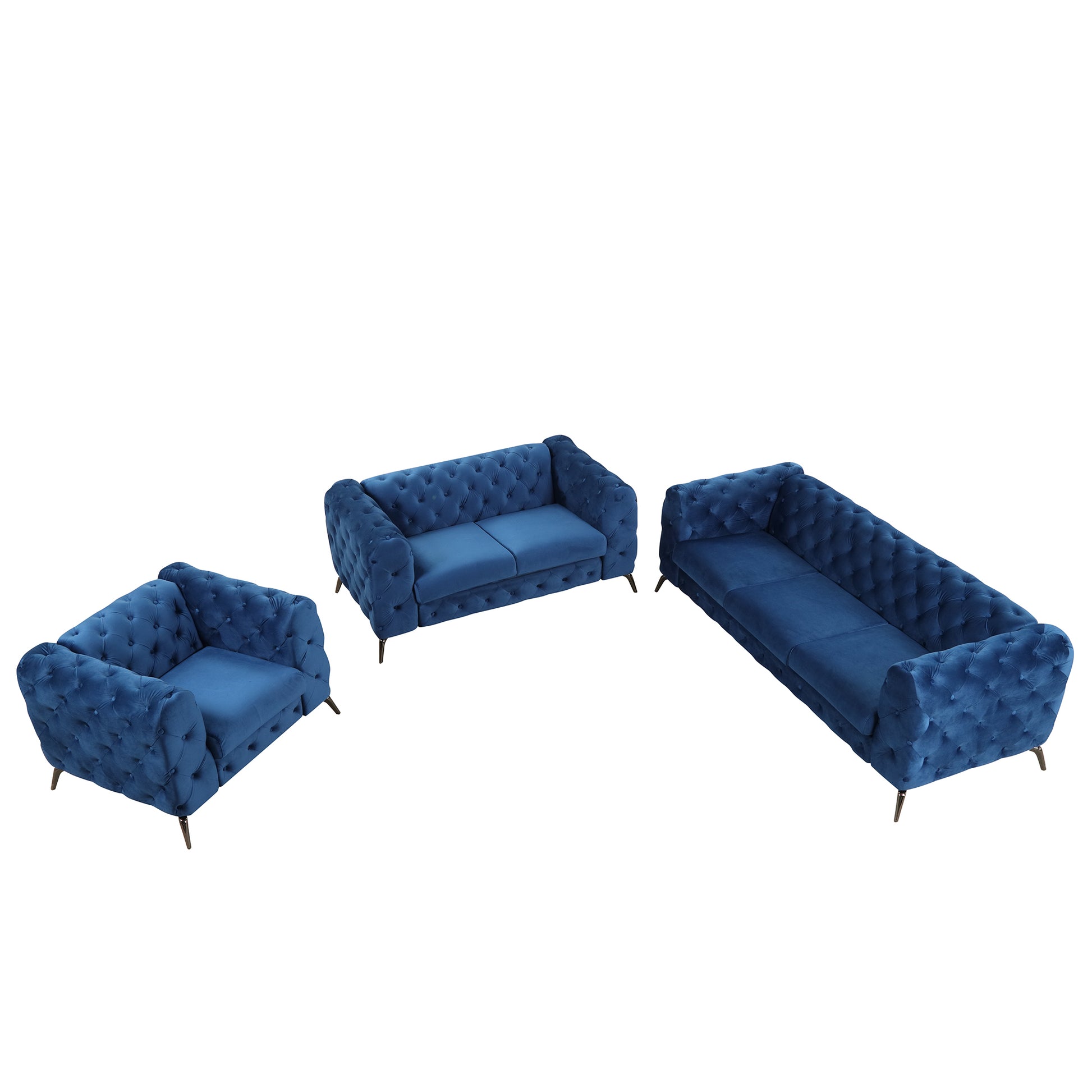 Modern 3 Piece Sofa Sets With Sturdy Metal Legs,Velvet Upholstered Couches Sets Including Three Seat Sofa, Loveseat And Single Chair For Living Room Furniture Set,Blue Blue Foam Velvet 6 Seat