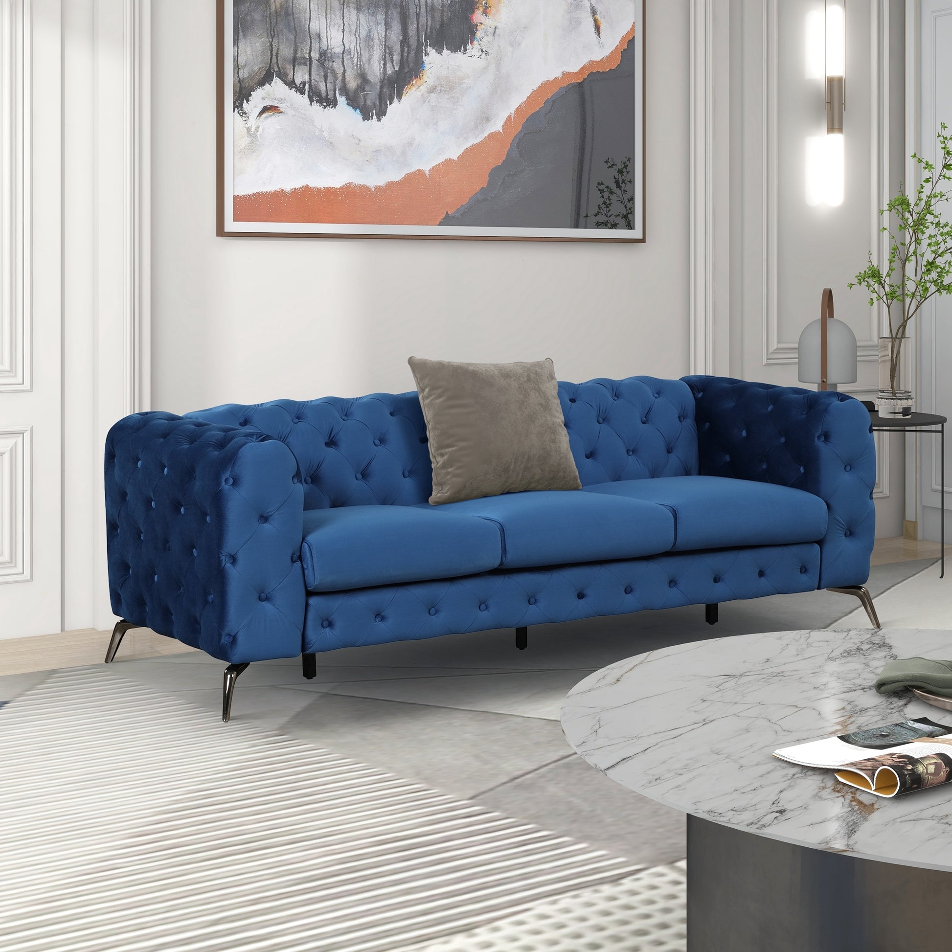 85.5" Velvet Upholstered Sofa With Sturdy Metal Legs,Modern Sofa Couch With Button Tufted Back, 3 Seater Sofa Couch For Living Room,Apartment,Home Office,Blue Blue Foam Velvet