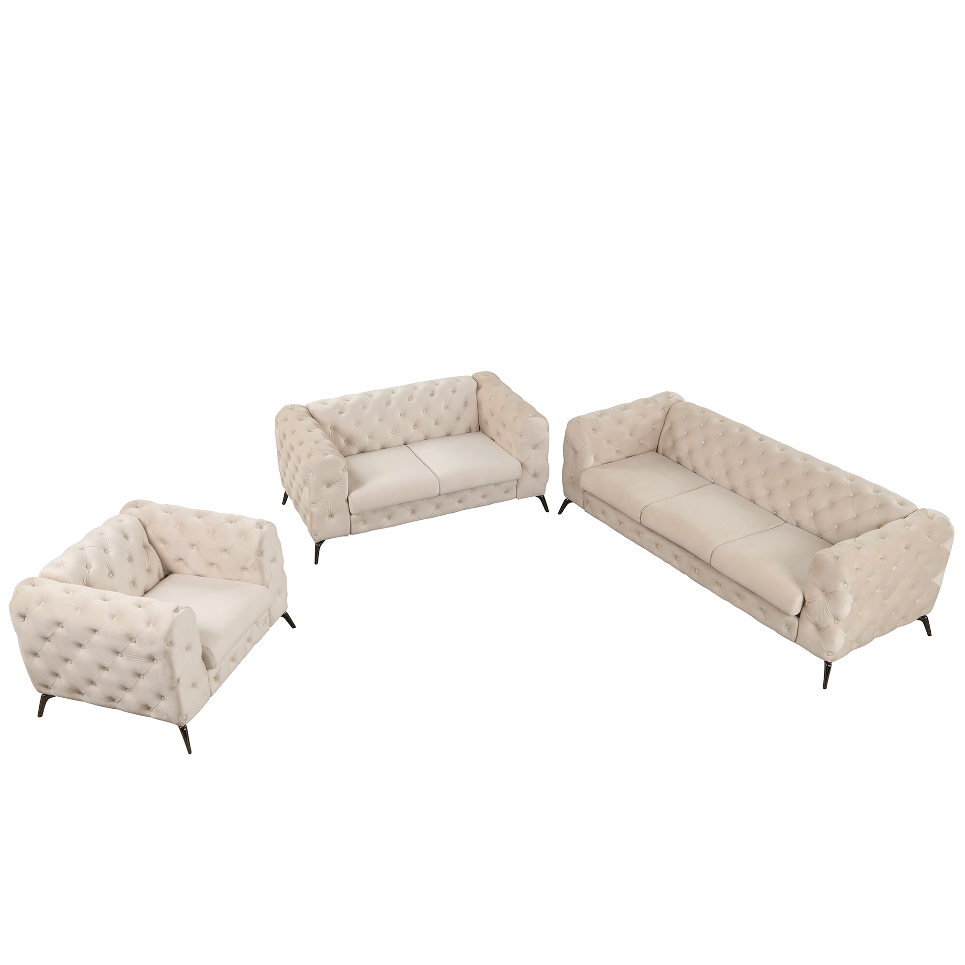 Modern 3 Piece Sofa Sets With Sturdy Metal Legs,Velvet Upholstered Couches Sets Including Three Seat Sofa, Loveseat And Single Chair For Living Room Furniture Set,Beige Beige Foam Velvet