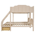 Full Over Twin & Twin Bunk Bed, Velvet Triple Bunk Bed With Drawers And Guardrails, Beige Beige Velvet