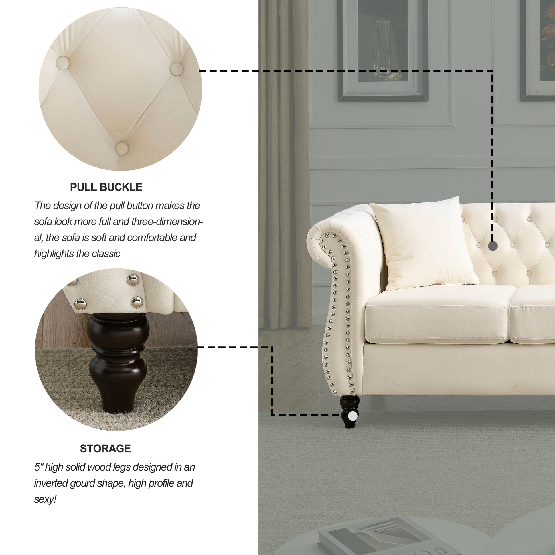 Video 80" Chesterfield Sofa Beige Velvet For Living Room, 3 Seater Sofa Tufted Couch With Rolled Arms And For Living Room, Bedroom, Office, Apartment, Two Pillowsw834S00008 Beige Foam Velvet