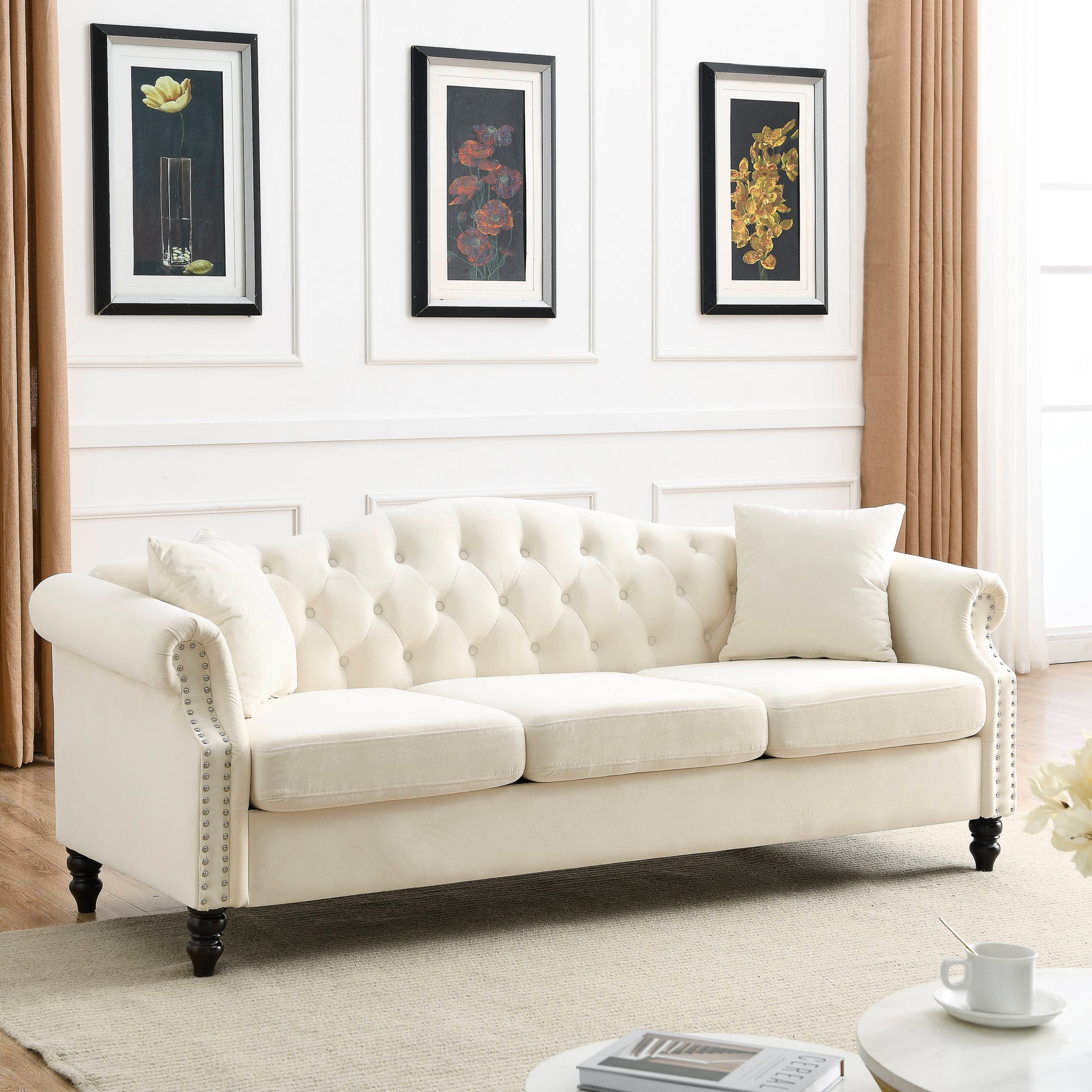 Video 79" Chesterfield Sofa Beige Velvet For Living Room, 3 Seater Sofa Tufted Couch With Rolled Arms And For Living Room, Bedroom, Office, Apartment, Two Pillows Beige Foam Velvet