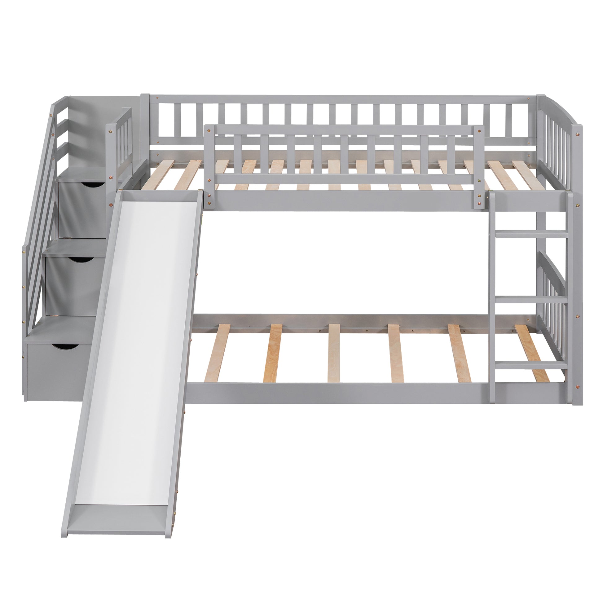 Stairway Twin Over Twin Bunk Bed With Two Drawers And Slide, Gray Old Sku :Lt000155Aae Gray Solid Wood