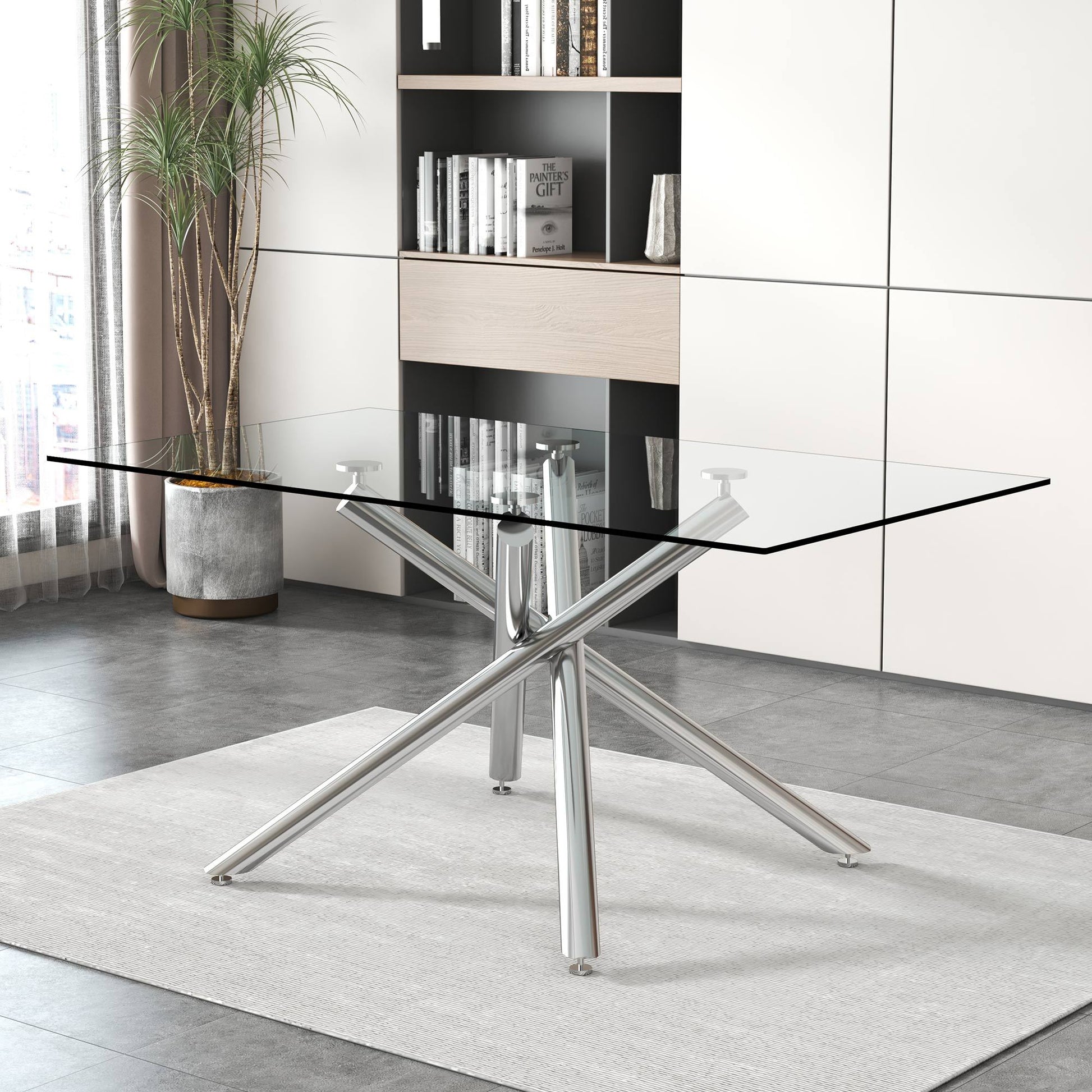 Large Modern Minimalist Rectangular Glass Dining Table For 6 8 With 0.39" Tempered Glass Tabletop And Silver Chrome Metal Legs, For Kitchen Dining Living Meeting Room Banquet Hall,63''X35''X 29''1537 Silver Glass