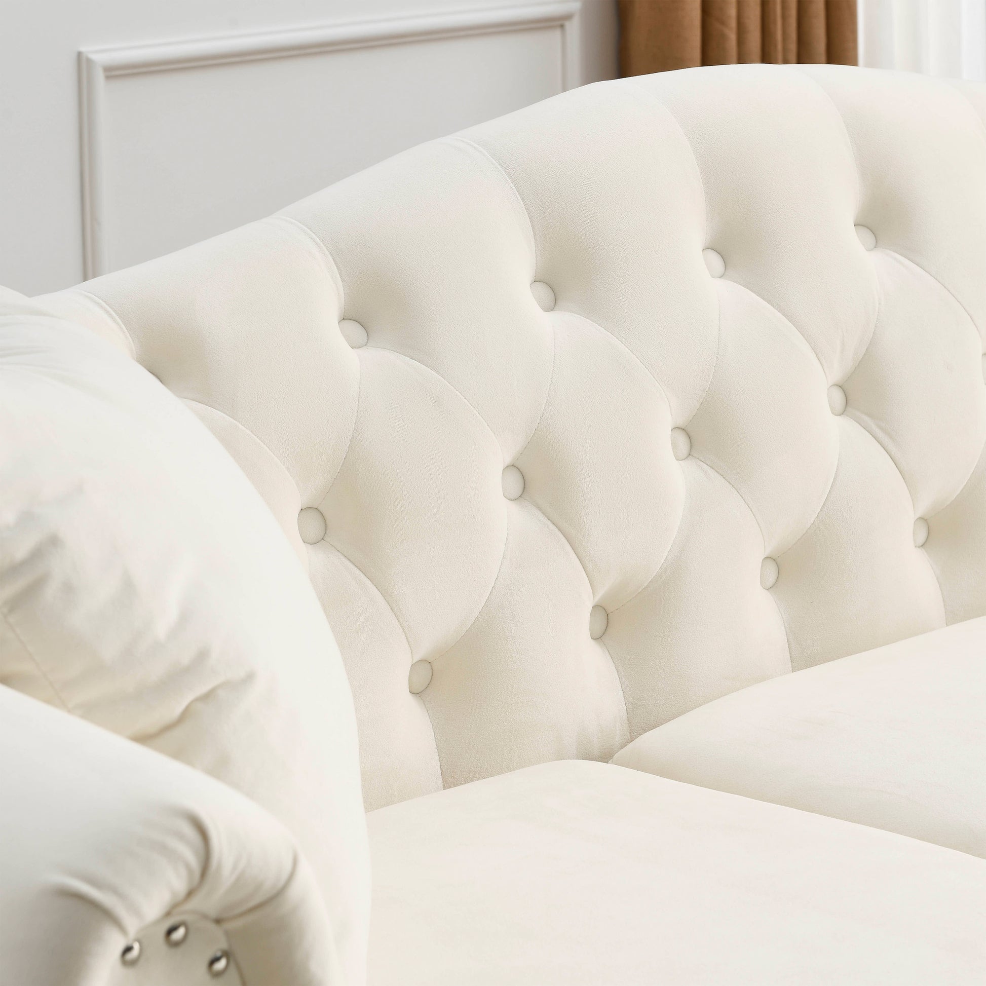 Video 79" Chesterfield Sofa Beige Velvet For Living Room, 3 Seater Sofa Tufted Couch With Rolled Arms And For Living Room, Bedroom, Office, Apartment, Two Pillows Beige Foam Velvet