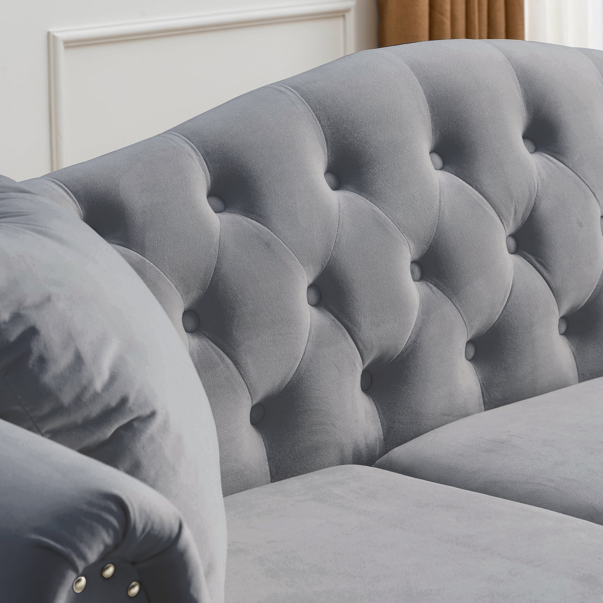 Video 79" Chesterfield Sofa Grey Velvet For Living Room, 3 Seater Sofa Tufted Couch With Rolled Arms And For Living Room, Bedroom, Office, Apartment, Two Pillowsw834S00012 Grey Foam Velvet