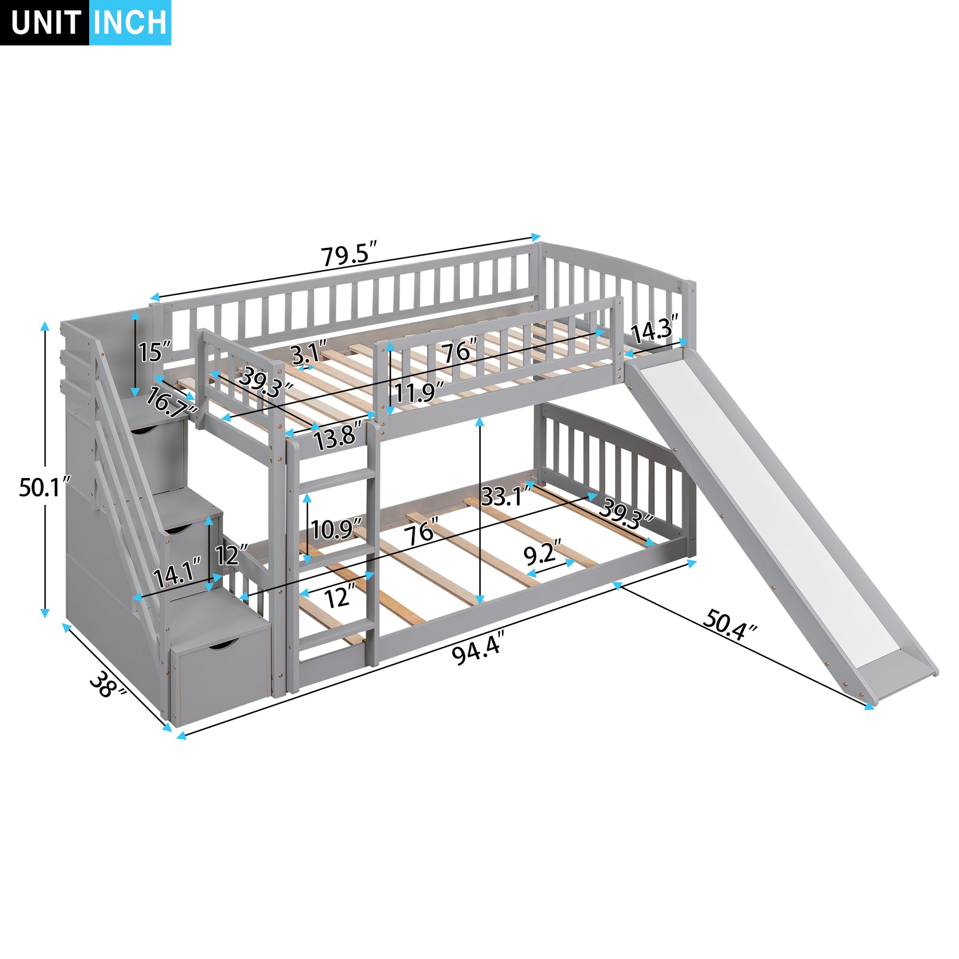 Stairway Twin Over Twin Bunk Bed With Two Drawers And Slide, Gray Old Sku :Lt000155Aae Gray Solid Wood