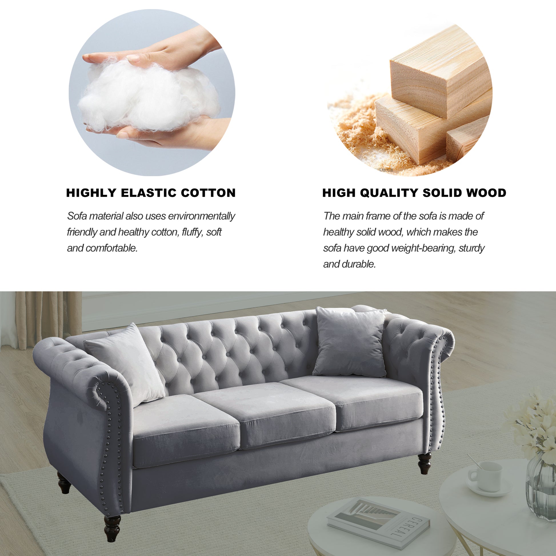 Video 80" Chesterfield Sofa Grey Velvet For Living Room, 3 Seater Sofa Tufted Couch With Rolled Arms And For Living Room, Bedroom, Office, Apartment, Two Pillowsw834S00009 Grey Foam Velvet