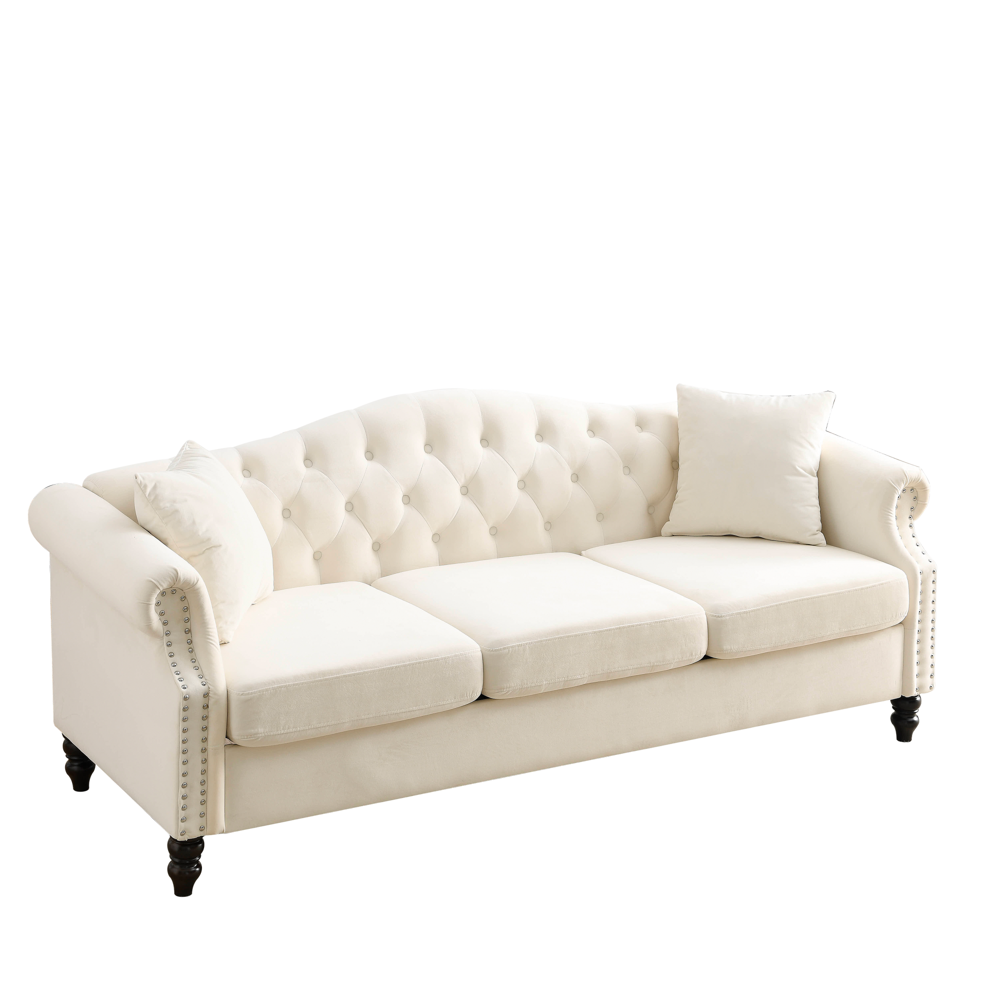 Video 79" Chesterfield Sofa Beige Velvet For Living Room, 3 Seater Sofa Tufted Couch With Rolled Arms And For Living Room, Bedroom, Office, Apartment, Two Pillows Beige Foam Velvet