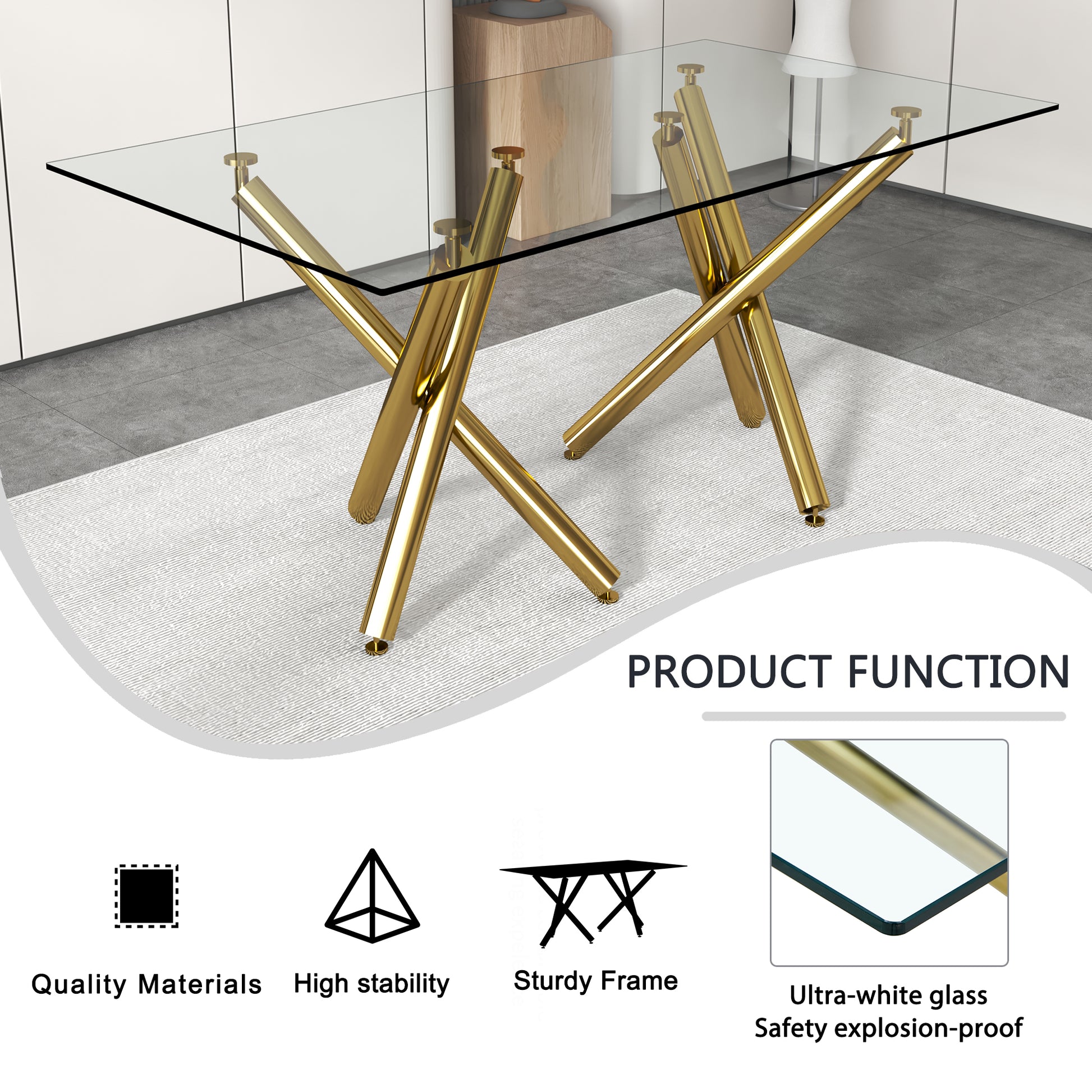 Large Modern Minimalist Rectangular Glass Dining Table For 6 8 With 0.39"Tempered Glass Tabletop And Golden Metal Legs,Kitchen Dining Living Meeting Room Banquet Hall, 71" X 35.4" X 30" 1538 Golden