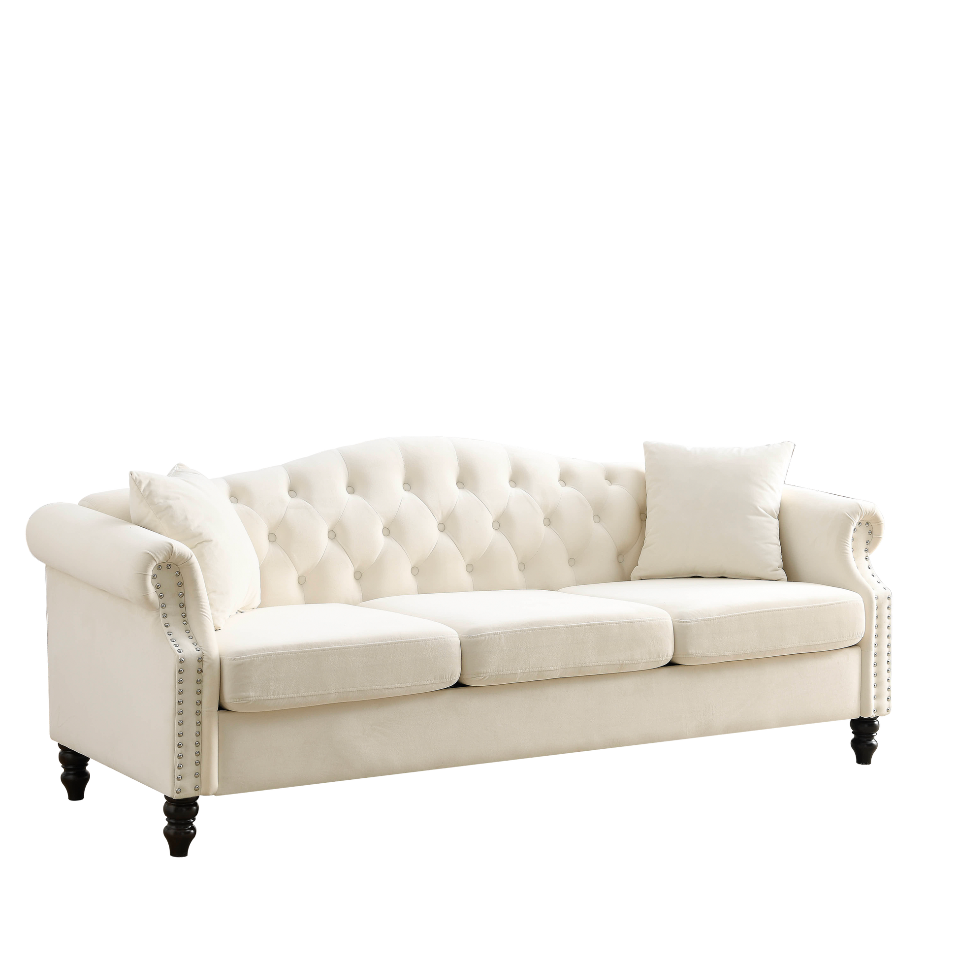 Video 79" Chesterfield Sofa Beige Velvet For Living Room, 3 Seater Sofa Tufted Couch With Rolled Arms And For Living Room, Bedroom, Office, Apartment, Two Pillows Beige Foam Velvet