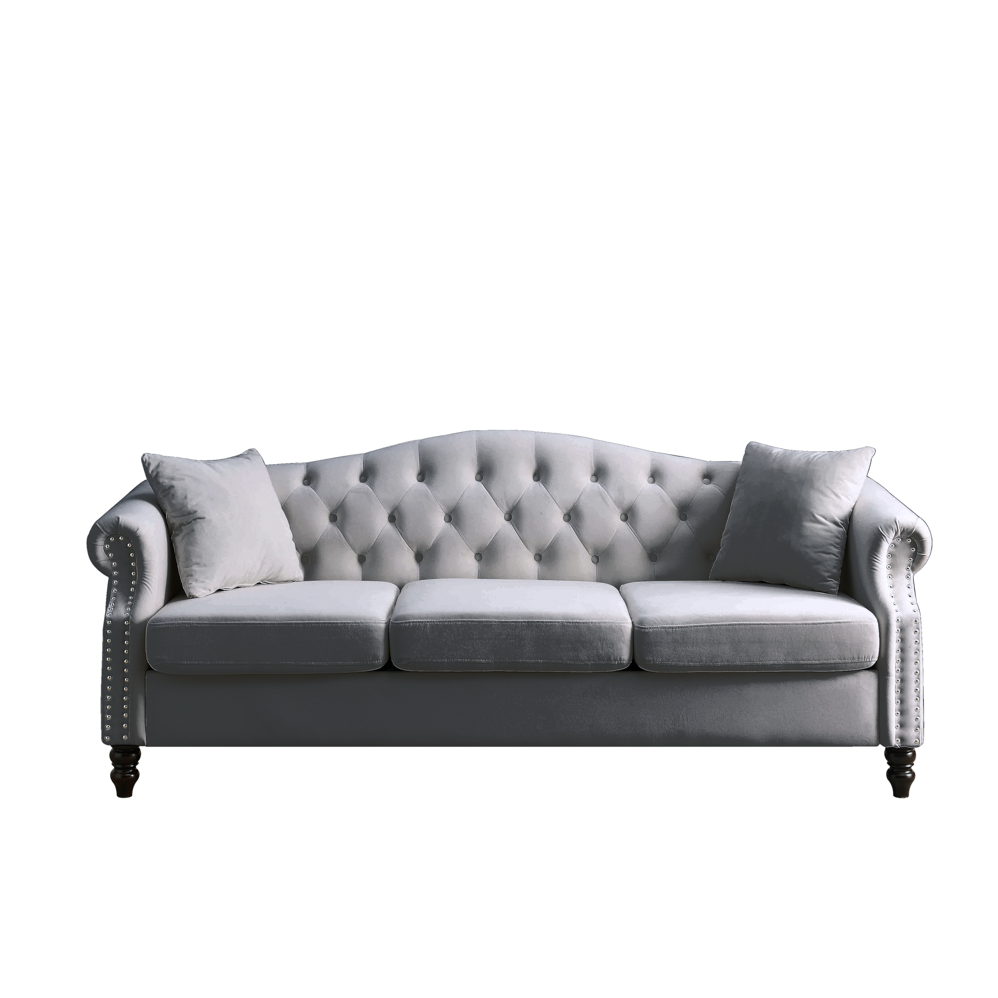 Video 79" Chesterfield Sofa Grey Velvet For Living Room, 3 Seater Sofa Tufted Couch With Rolled Arms And For Living Room, Bedroom, Office, Apartment, Two Pillowsw834S00012 Grey Foam Velvet