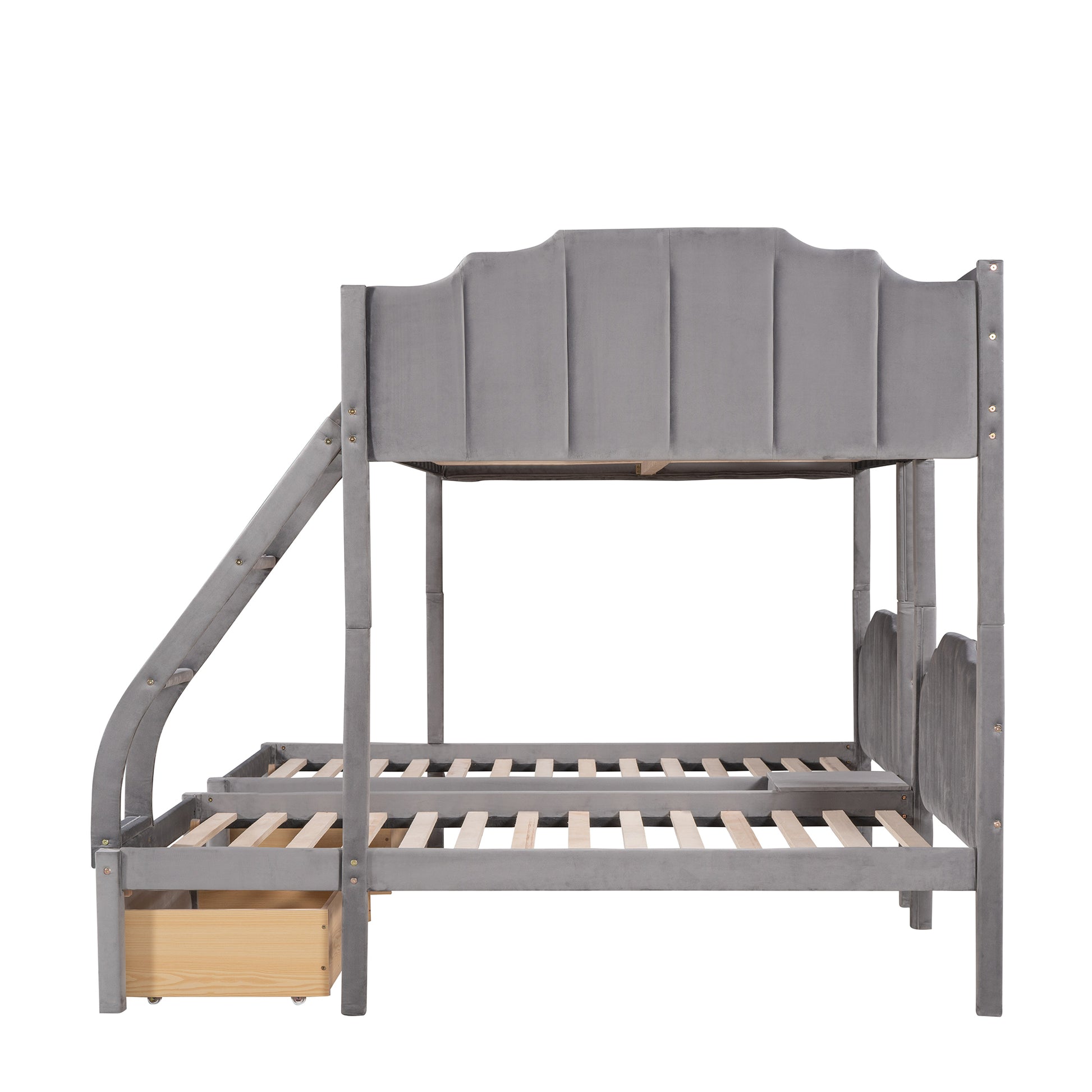 Full Over Twin & Twin Bunk Bed, Velvet Triple Bunk Bed With Drawers And Guardrails, Gray Gray Velvet