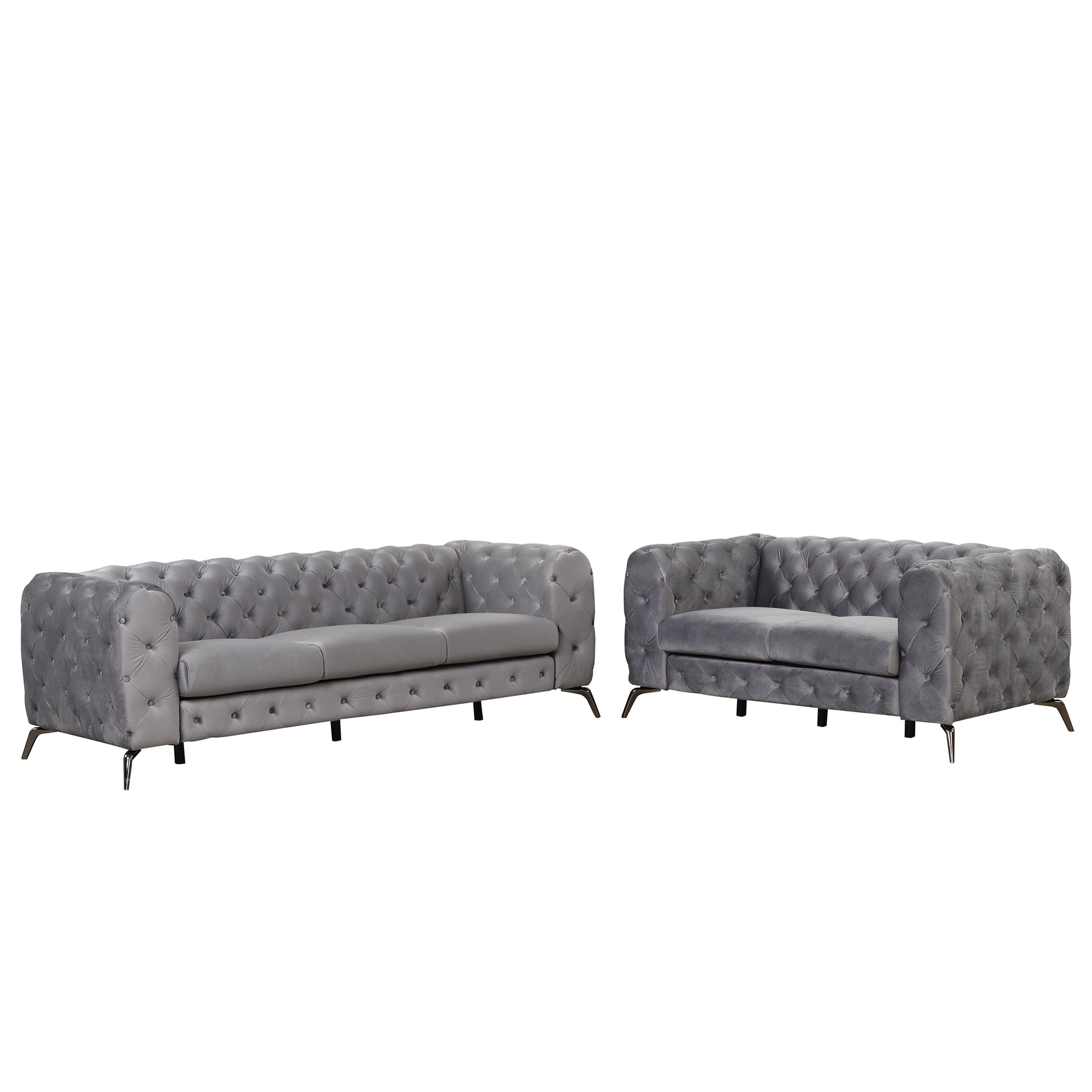 Modern 3 Piece Sofa Sets With Sturdy Metal Legs,Velvet Upholstered Couches Sets Including Three Seat Sofa, Loveseat And Single Chair For Living Room Furniture Set,Gray Gray Foam Velvet