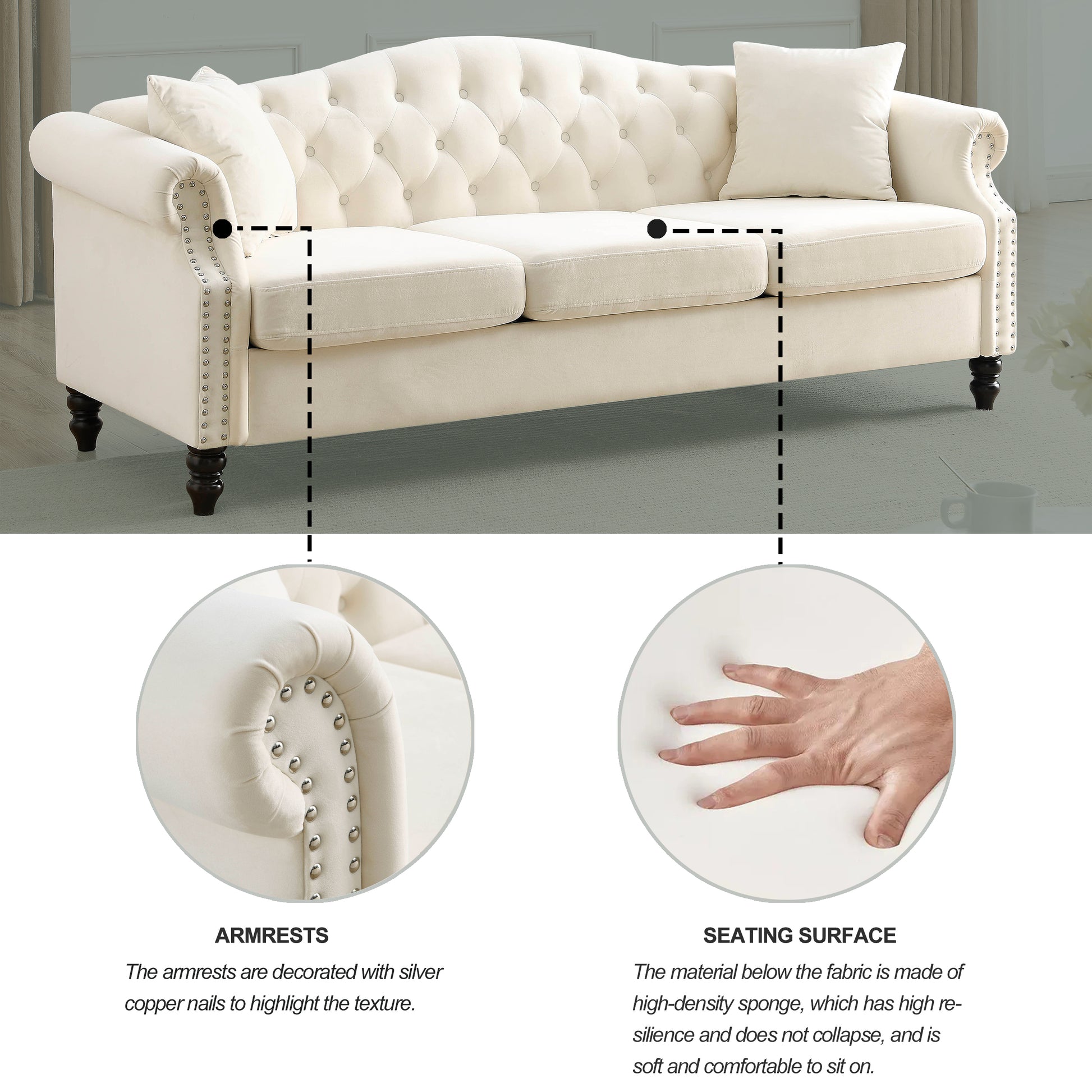 Video 79" Chesterfield Sofa Beige Velvet For Living Room, 3 Seater Sofa Tufted Couch With Rolled Arms And For Living Room, Bedroom, Office, Apartment, Two Pillows Beige Foam Velvet