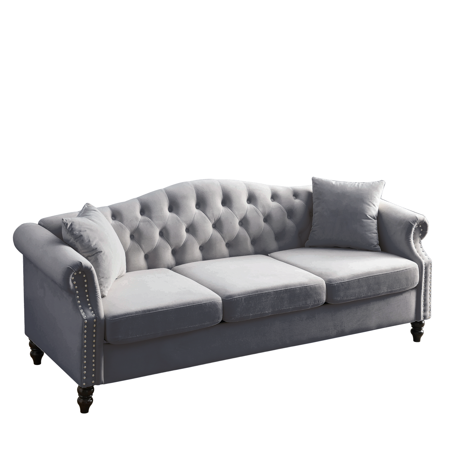 Video 79" Chesterfield Sofa Grey Velvet For Living Room, 3 Seater Sofa Tufted Couch With Rolled Arms And For Living Room, Bedroom, Office, Apartment, Two Pillowsw834S00012 Grey Foam Velvet