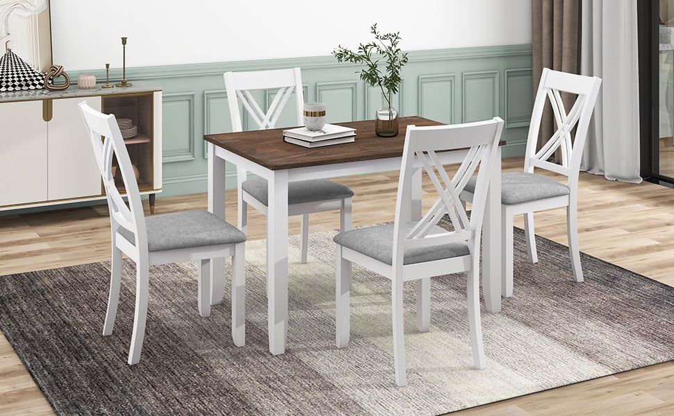 Rustic Minimalist Wood 5 Piece Dining Table Set With 4 X Back Chairs For Small Places, White White Wood Dining Room Solid Wood Rubberwood Rectangular Dining Table With Chair Upholstered Chair Wood White Slat Back Seats 4 Rustic 4 Leg Foam Solid Wood