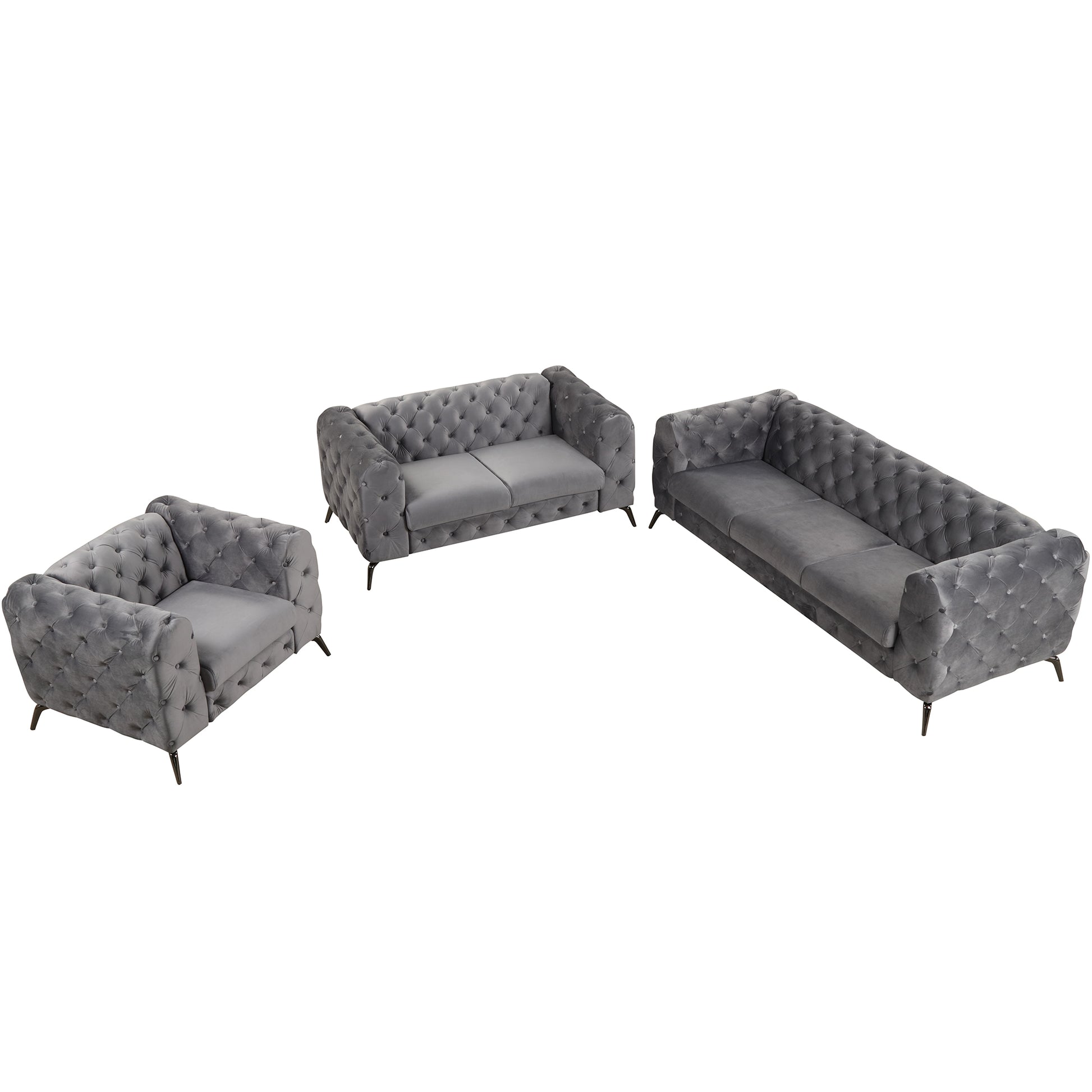 Modern 3 Piece Sofa Sets With Sturdy Metal Legs,Velvet Upholstered Couches Sets Including Three Seat Sofa, Loveseat And Single Chair For Living Room Furniture Set,Gray Gray Foam Velvet