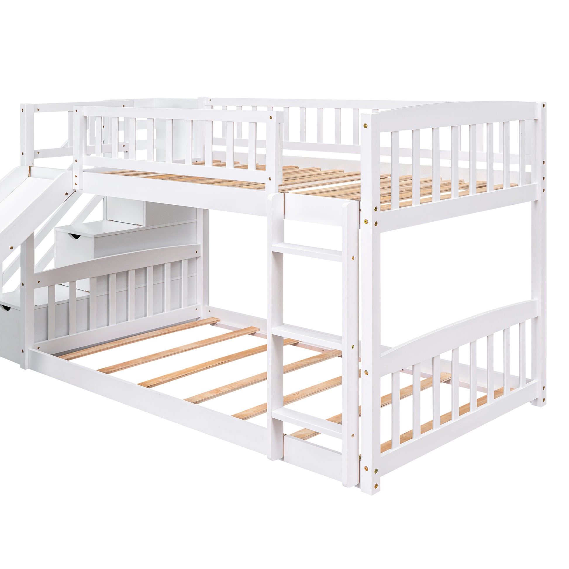 Stairway Twin Over Twin Bunk Bed With Two Drawers And Slide, White Old Sku :Lt000155Aak White Solid Wood