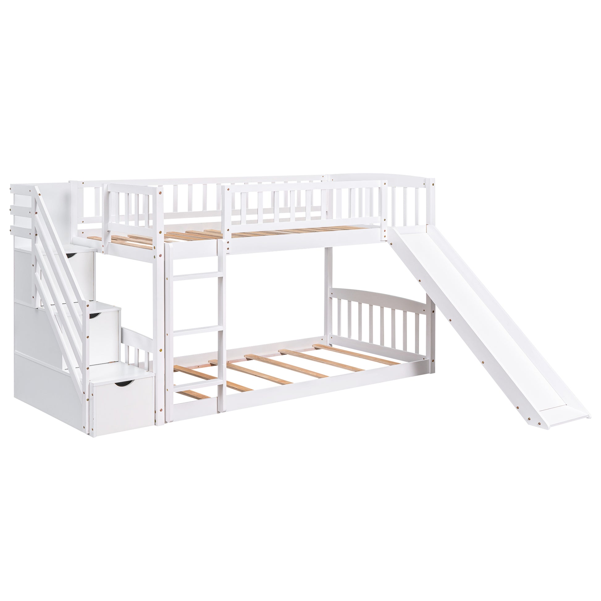 Stairway Twin Over Twin Bunk Bed With Two Drawers And Slide, White Old Sku :Lt000155Aak White Solid Wood