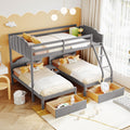 Full Over Twin & Twin Bunk Bed, Velvet Triple Bunk Bed With Drawers And Guardrails, Gray Gray Velvet