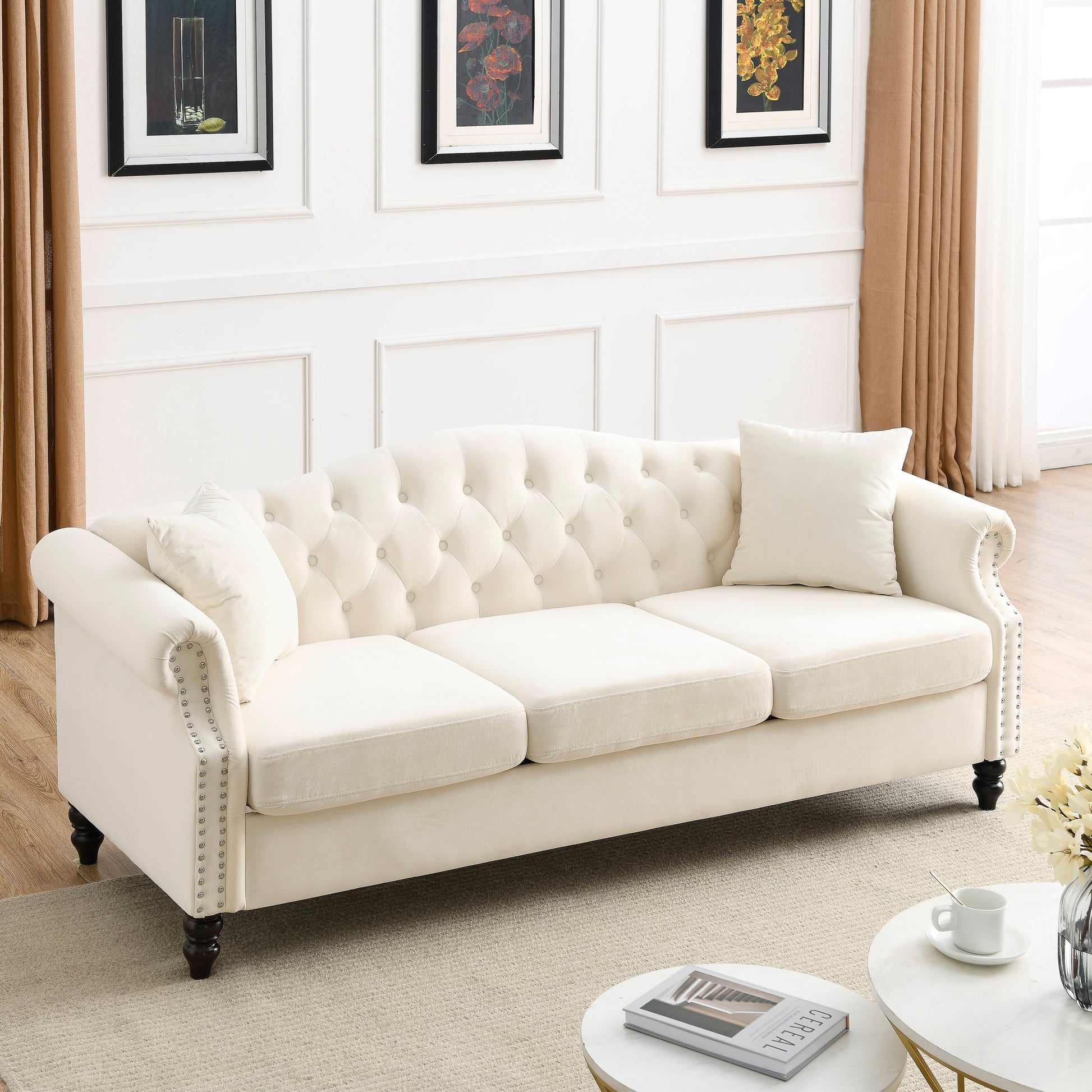 Video 79" Chesterfield Sofa Beige Velvet For Living Room, 3 Seater Sofa Tufted Couch With Rolled Arms And For Living Room, Bedroom, Office, Apartment, Two Pillows Beige Foam Velvet